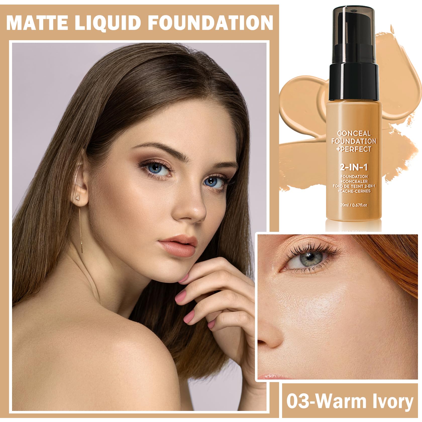 QIUFSSE Concealer Full Coverage Foundation for Mature Skin,Oil Control Matte 2 in 1 Concealer liquid Foundation Makeup Waterproof Base De Maquillaje Alta Cobertura-03 Warm Ivory
