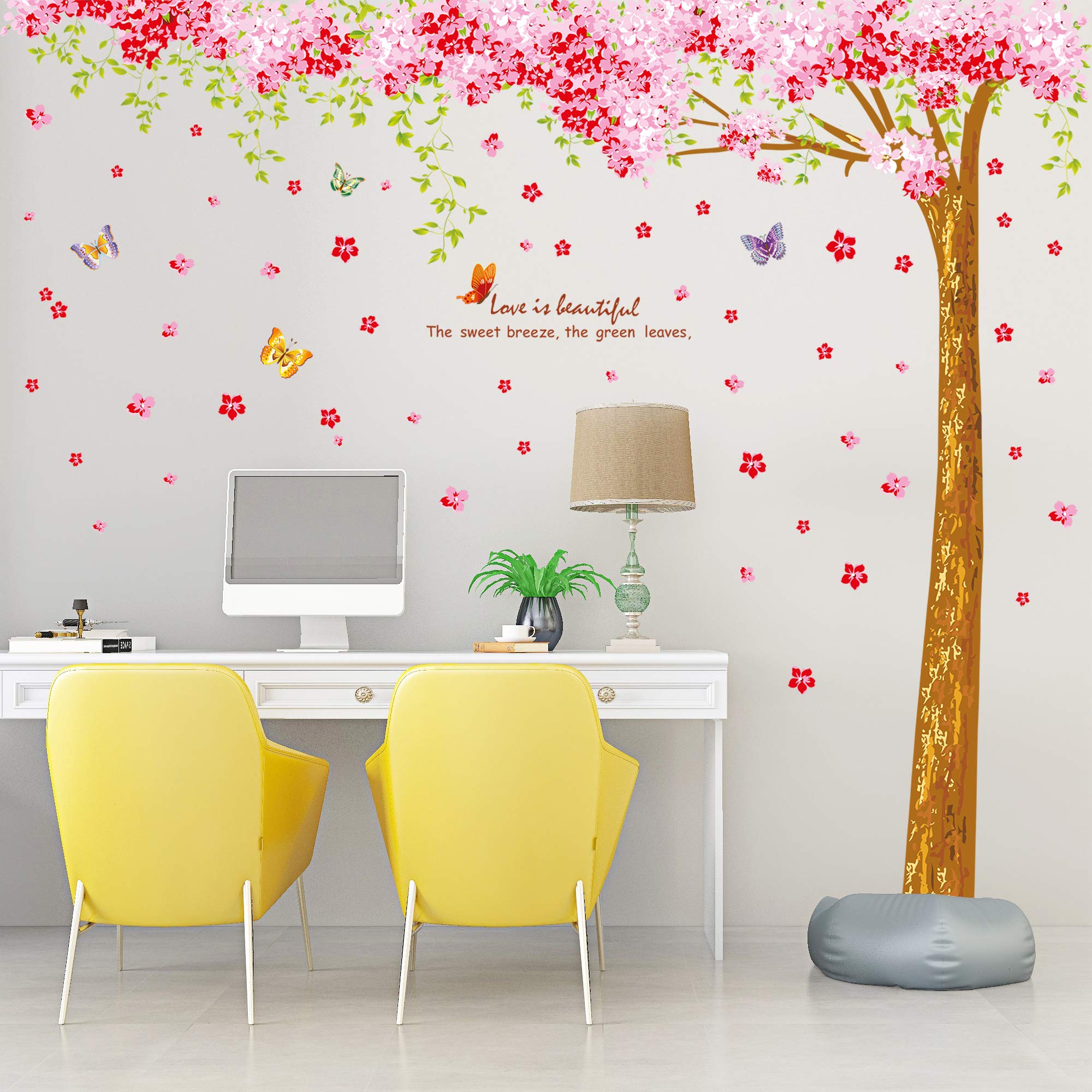 Amaonm Giant Huge Size Removable Pink Red Romantic Cherry Blossom Tree Wall Decal DIY PVC Butterfly Wall Decorations Art Decor Stickers Murals Wallpaper for Nursery Room Living Room Wall Corner