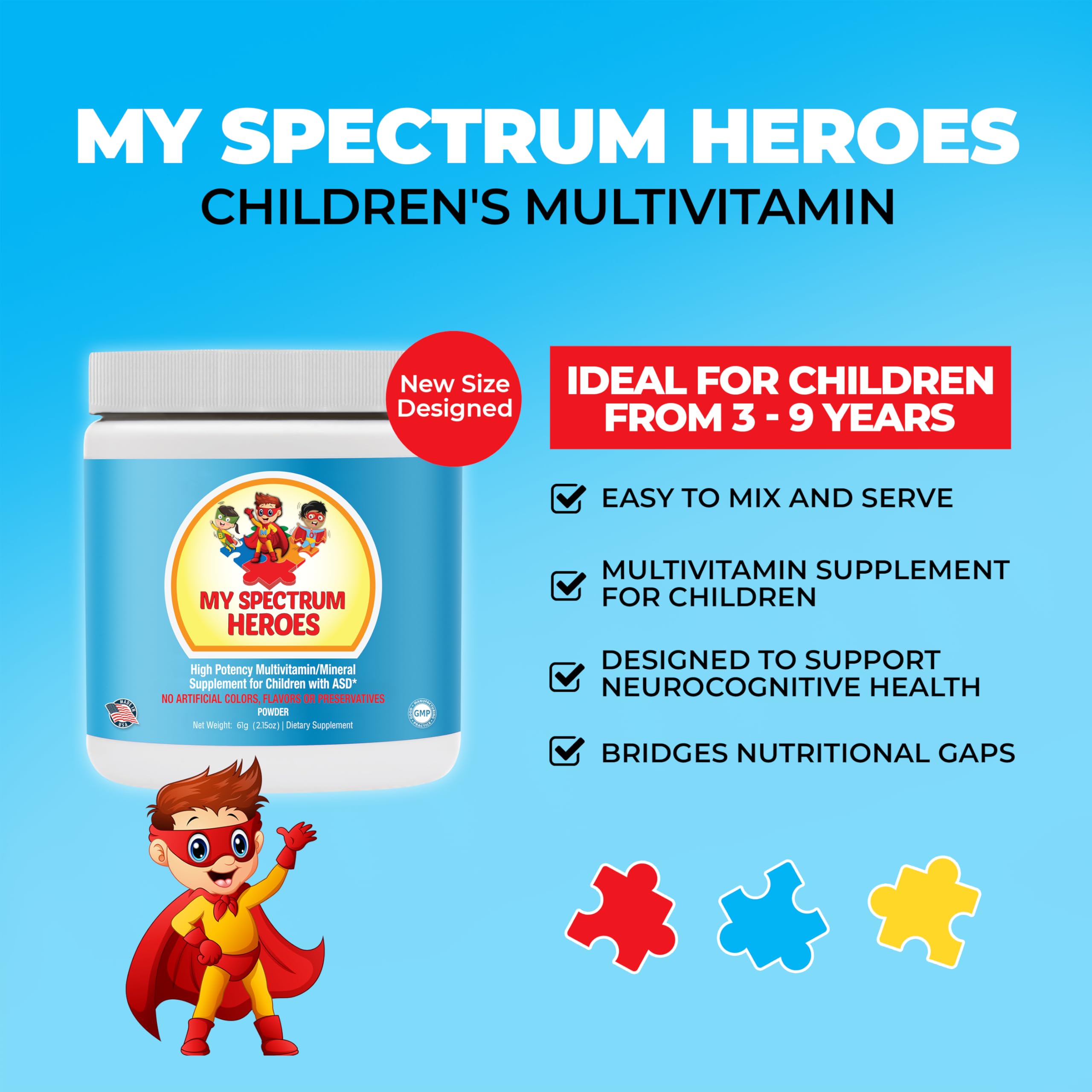 My Spectrum Heroes Kids Powder Multivitamin - Easy to Mix Powder Supplement, Better Absorption, Non-GMO, Non-Gluten, No Artificial Ingredients - Neural Help for Children on The Spectrum - 30 Servings