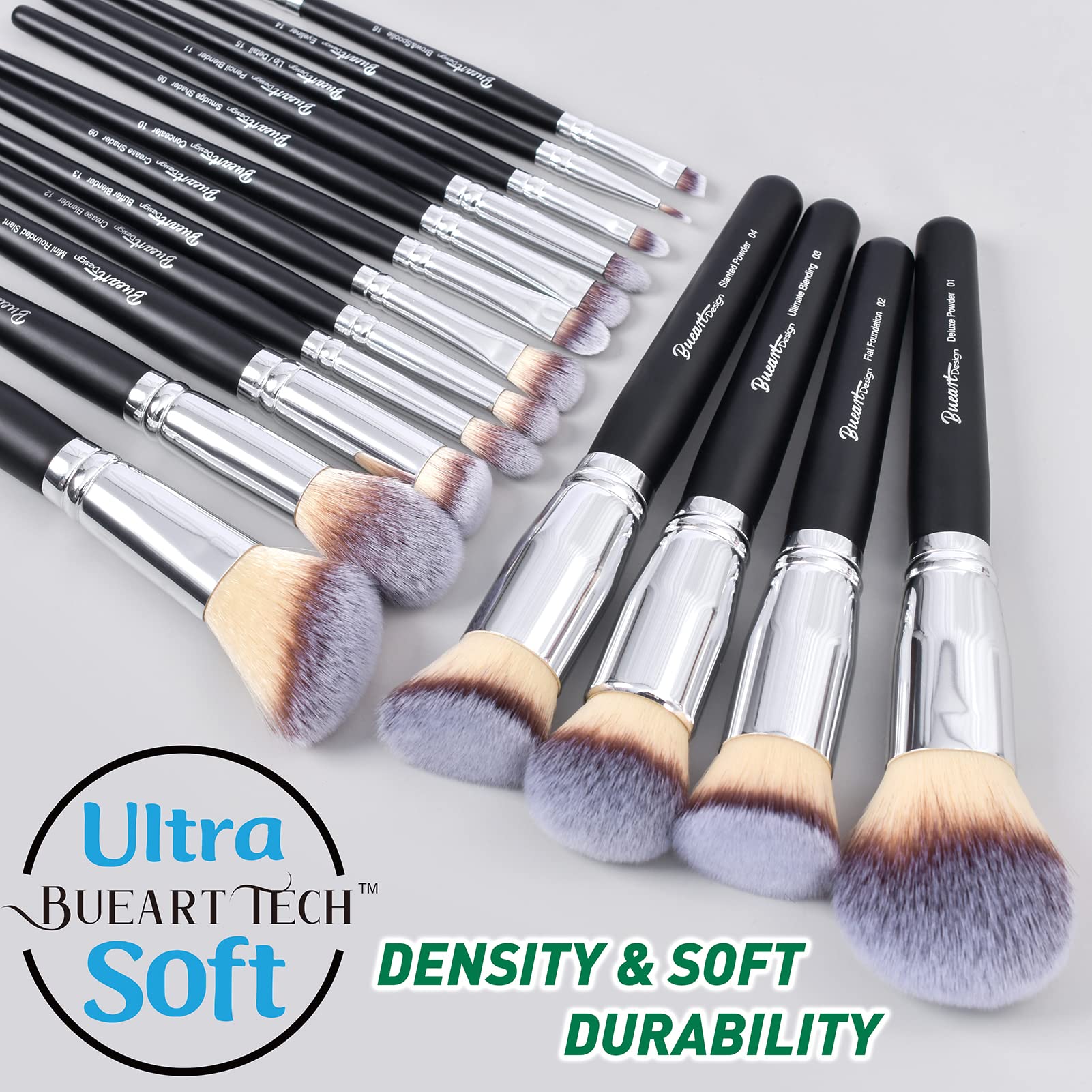 Bueart Design 19Pcs ULTRA SOFT Black labeled Makeup Brushes set Contains large powder Flat Foundation Blending Blush Face contour Concealers Brush (16Pcs Matte Black S)