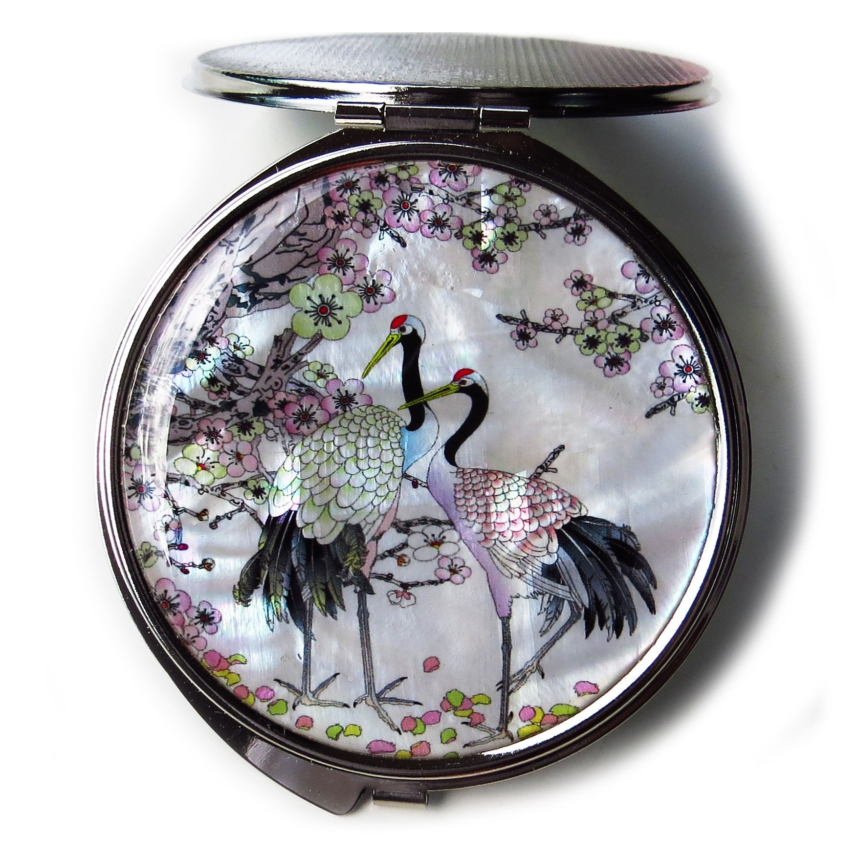 Compact Makeup Mirror Cosmetic Korean Mother Of Pearl Lacquered Apricot Tree & Crane White #5