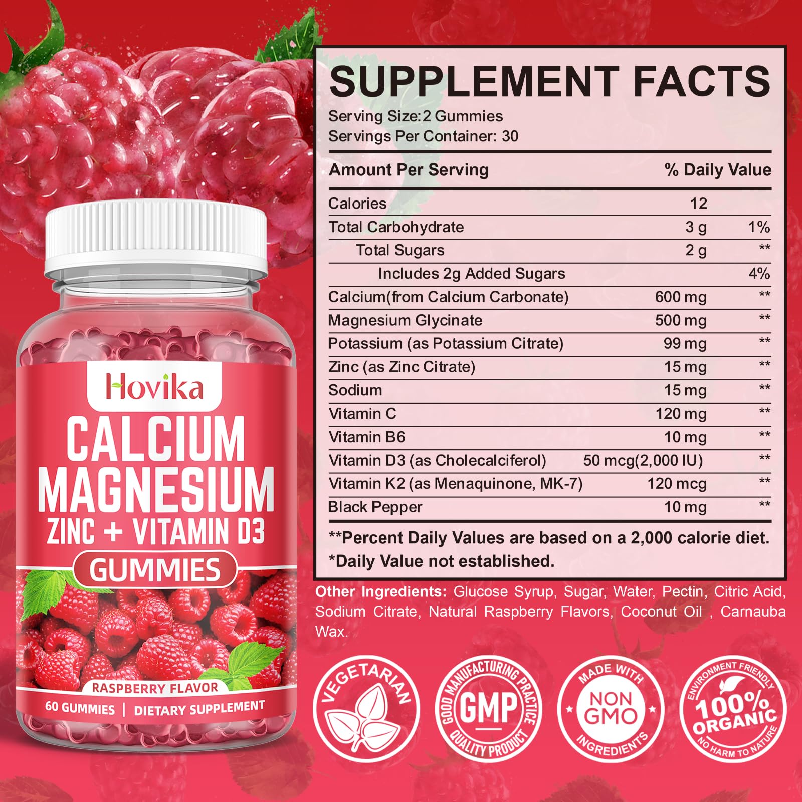 Calcium Magnesium Zinc Gummies with Potassium Vitamin C, B6, D3, K2 - Calcium for Women & Men - Calcium Magnesium Zinc Multi Vitamin Supplement for Bones, Muscles, Teeth, Calm Mood & Immunity - 60 Cts