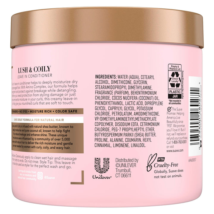 Suave Leave-In Conditioner, Lush & Coily, 2-Pack –Coconut Oil, Shea Butter & Amino Complex Natural Hair Care Products, Anti-Frizz, 13.5 Oz Ea
