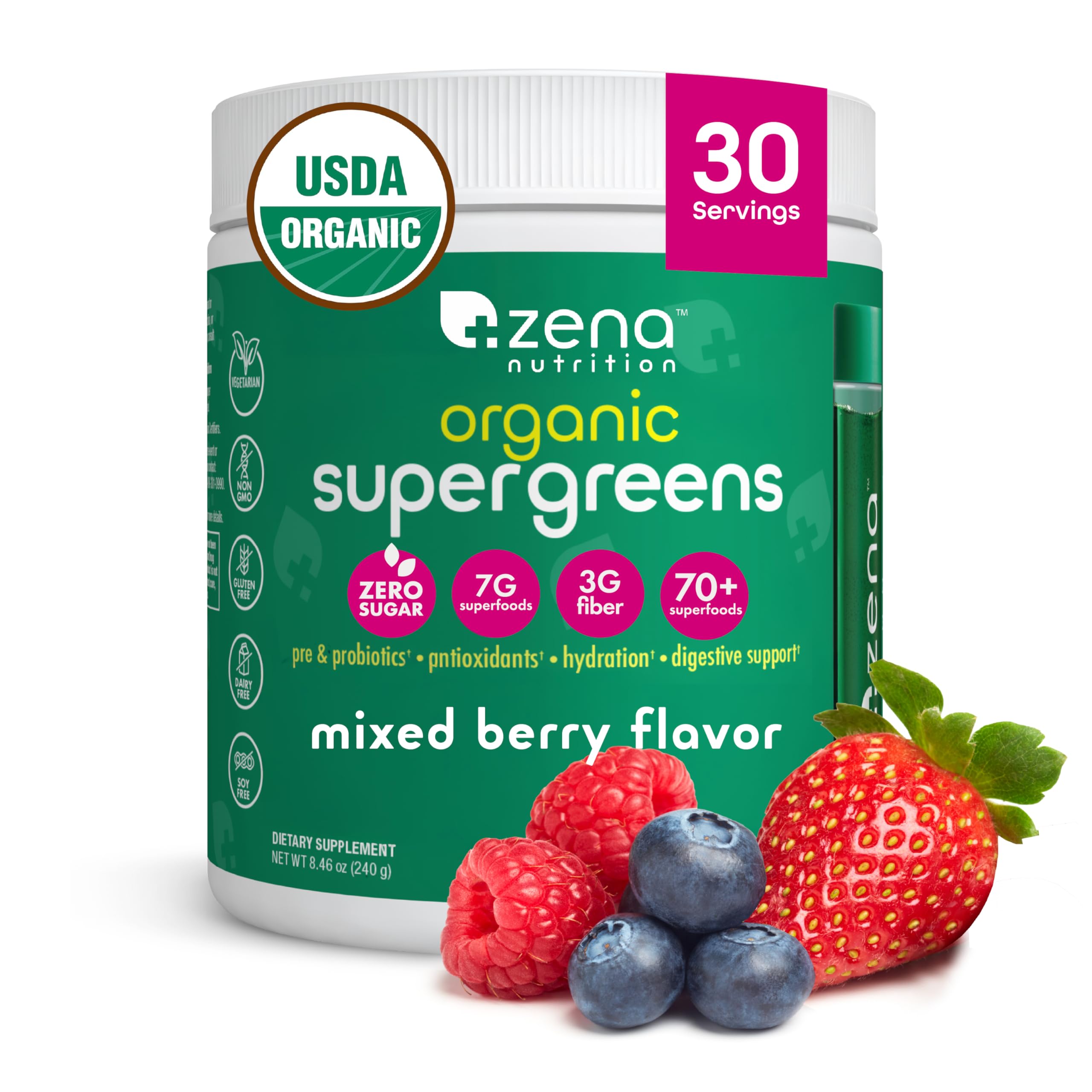 Zena Organic Super Greens Powder, 70+ Superfoods Drink Mix, 0 Sugar, 3G Fiber, Fruits, Veggies, Spirulina, Chlorella, Antioxidants, Pre & Probiotics, Digestive Enzymes, Mixed Berry Flavor, 30 Servings