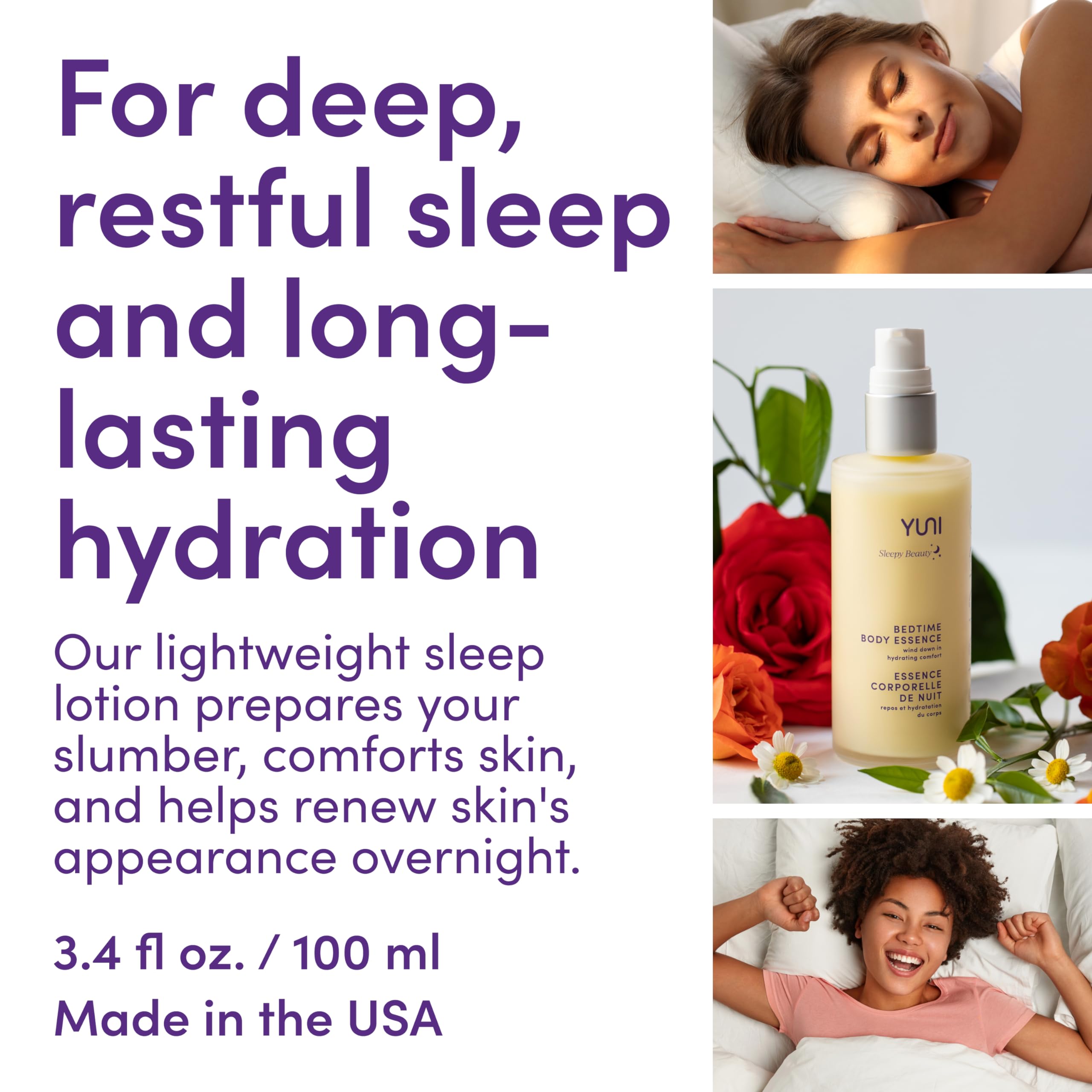 YUNI Sleepy Beauty Bedtime Body Essence, Lightweight body lotion, Renew skinââ‚¬â„¢s appearance overnight, 3.4 fl. oz.