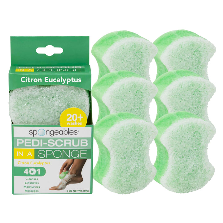 Spongeables Pedi-scrub Foot BufferFoot Exfoliating Sponge With Heel Buffer and Pedicure Oil, 5+ Washes, Citron Eucalyptus Scent, Pack Of 6