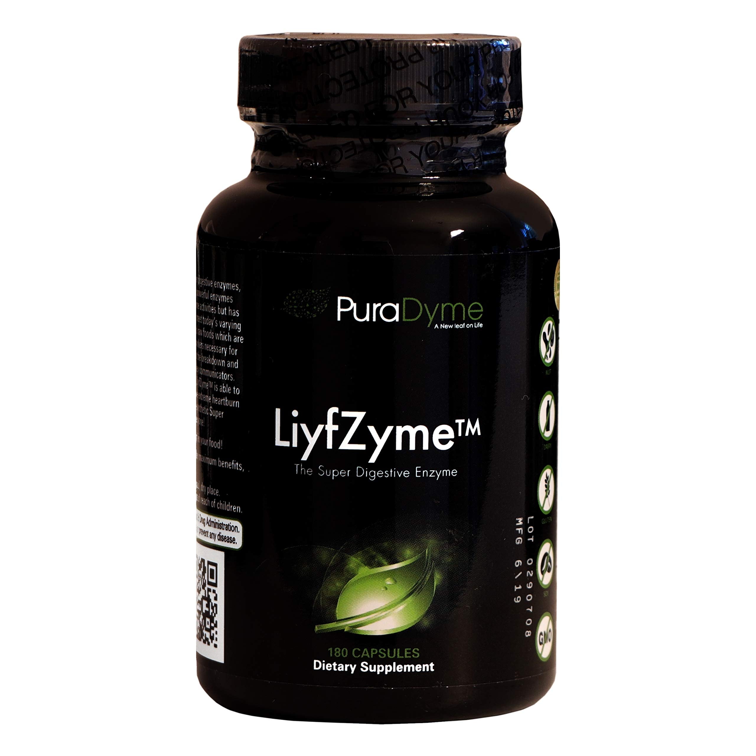 LiyfZyme Plant Based Digestive Enzyme Supplement - 180 Veggie Caps. PuraDyme By Lou Cornoa.