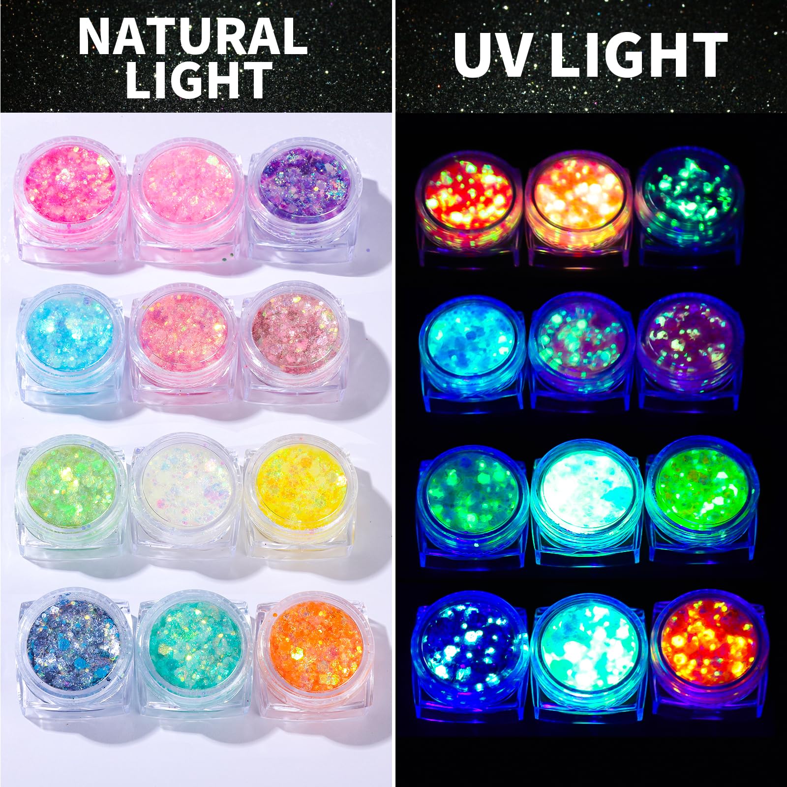 Teenitor 12 Colors Glow in The Dark Glitter Gel, Face Glitter Body Glitter Gel Hair Glitter for UV Black Light Makeup Raves Festivals