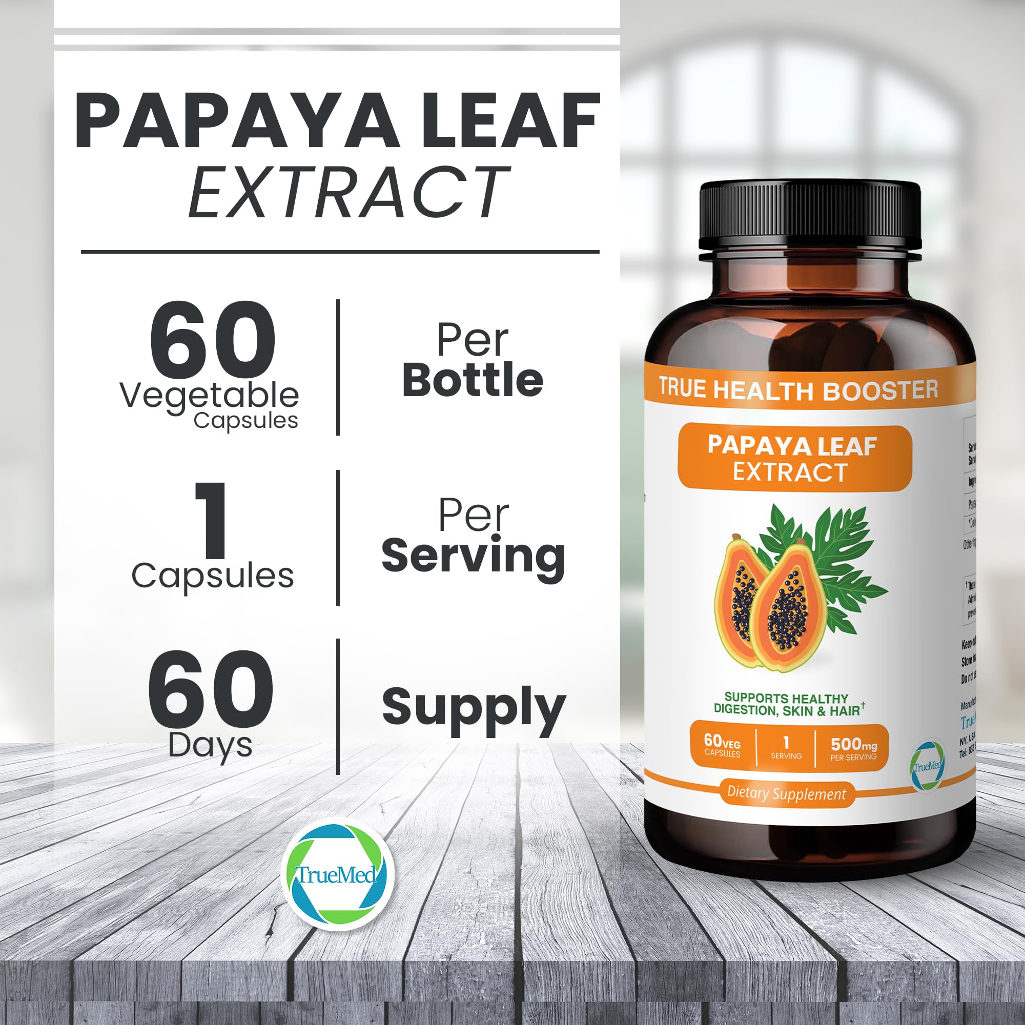 TrueMed Papaya Leaf Extract 500 mg Supports Digestive Health, Skin, Hair & Immunity Promotes Platelet Health & Nutrient Absorption 60 Veg Capsules Natural Antioxidant