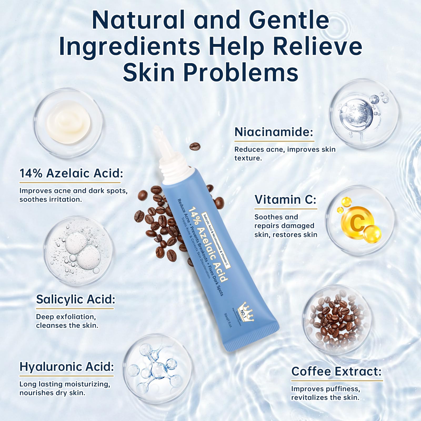 Azelaic Acid 14 Percent Cream For Face, Azelaic Acid Gel For Dark Spot, 30ML Azelaic Acid Acne Cream With Salicylic Acid, Niacinamide & Vitamin C, Relieve Irritation.