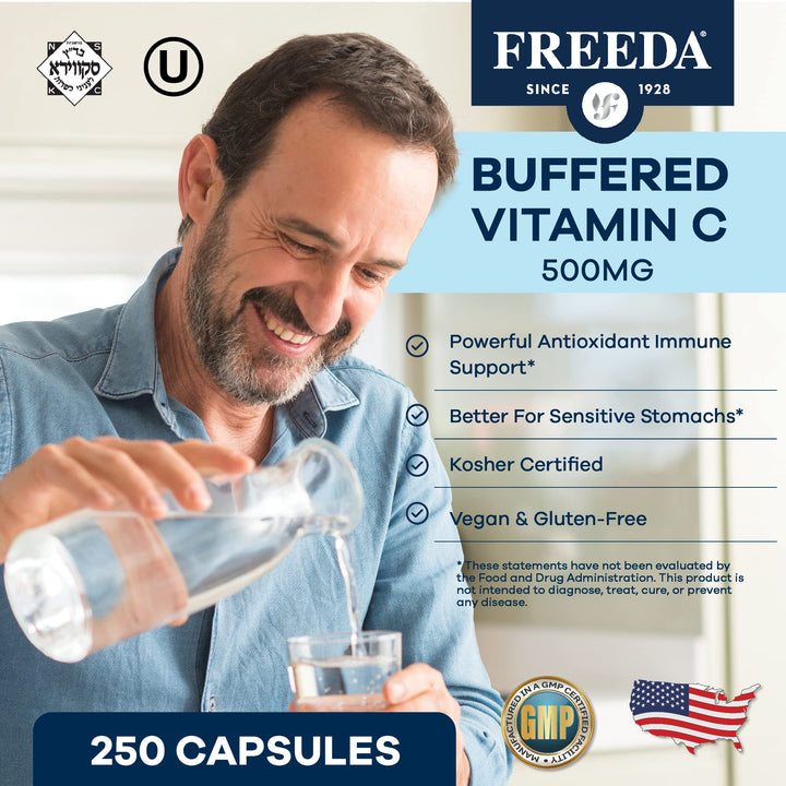 FREEDA Vitamin C - Buffered Vitamin C 500mg - Kosher - Powerful Antioxidant Immune Support - Sensitive Stomach Vitamins C Capsules Calcium Ascorbate - Vitamin C 500 mg - VIT C Supplement (250 Count)