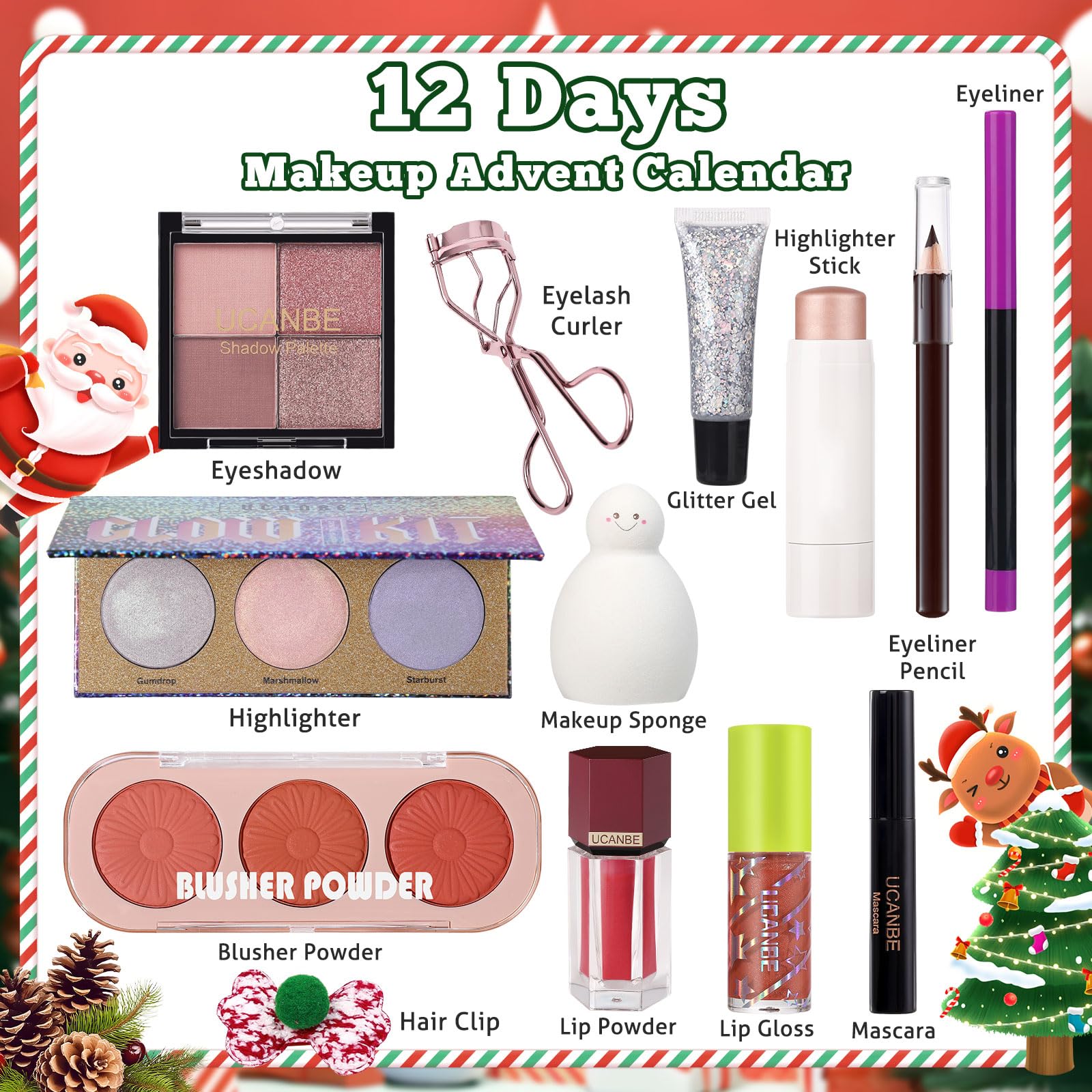 UCANBE Makeup Advent Calendar 2024, 12 Days Christmas Countdown Calendar Surprise Gift Kit, Xmas Holiday Festival Cosmetic Starter Makeup Set with 12 Beauty Boxes for Women Teens Girls