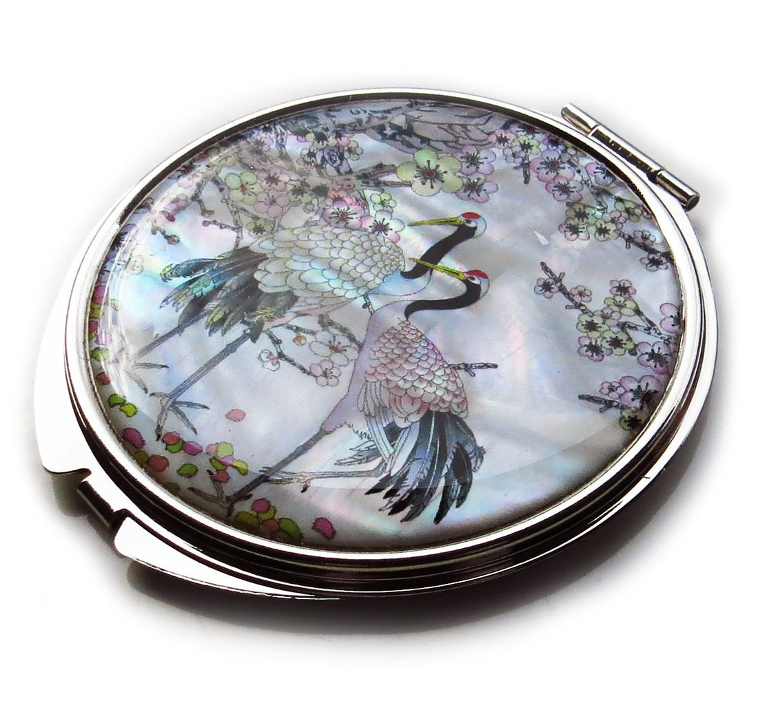 Compact Makeup Mirror Cosmetic Korean Mother Of Pearl Lacquered Apricot Tree & Crane White #5