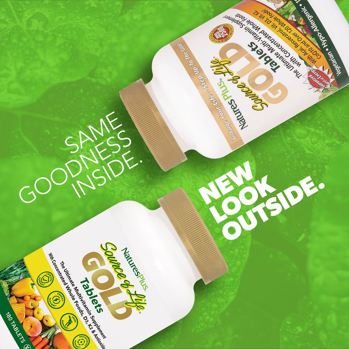 Natures Plus Source of Life Gold Multivitamin - 180 Tablets - with Vitamins D3 & B12 - Blood, Bone & Immune Support - Vegetarian & Gluten Free - 60 Servings