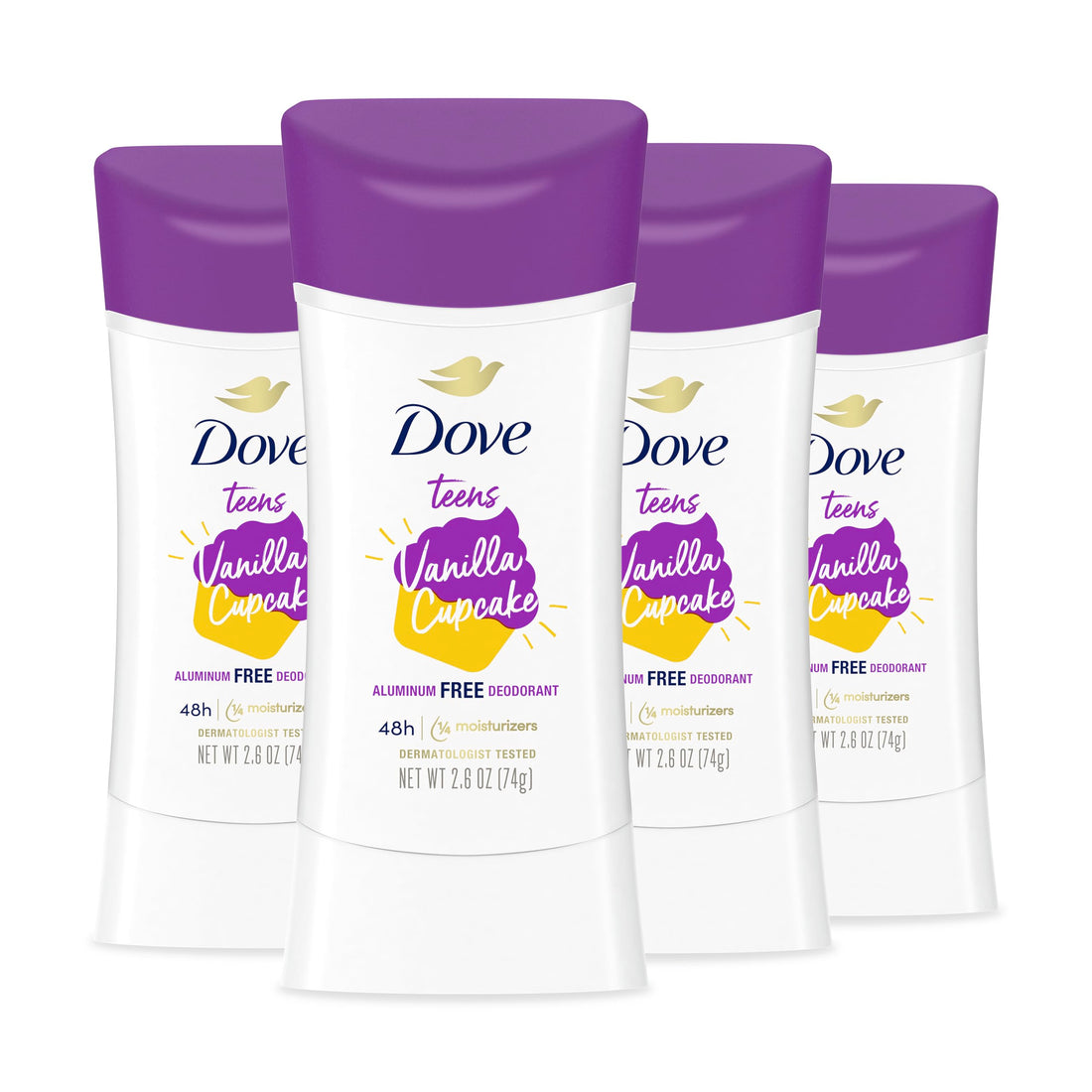 Dove Teens Deodorant Stick Vanilla Cupcake 4 Count Deodorant stick for teens 48-hour protection without aluminum 2.6 oz