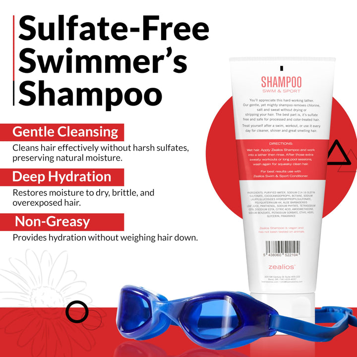 Zealios Sport Clarifying Shampoo, 8 oz Squeeze Tube for Extremely Damaged Hair, Pool Hair Repair & Protector - Sulfate-Free, Moisturizing Chlorine & Salt Removal, Color-Safe, Citrus Scent for Swimmers