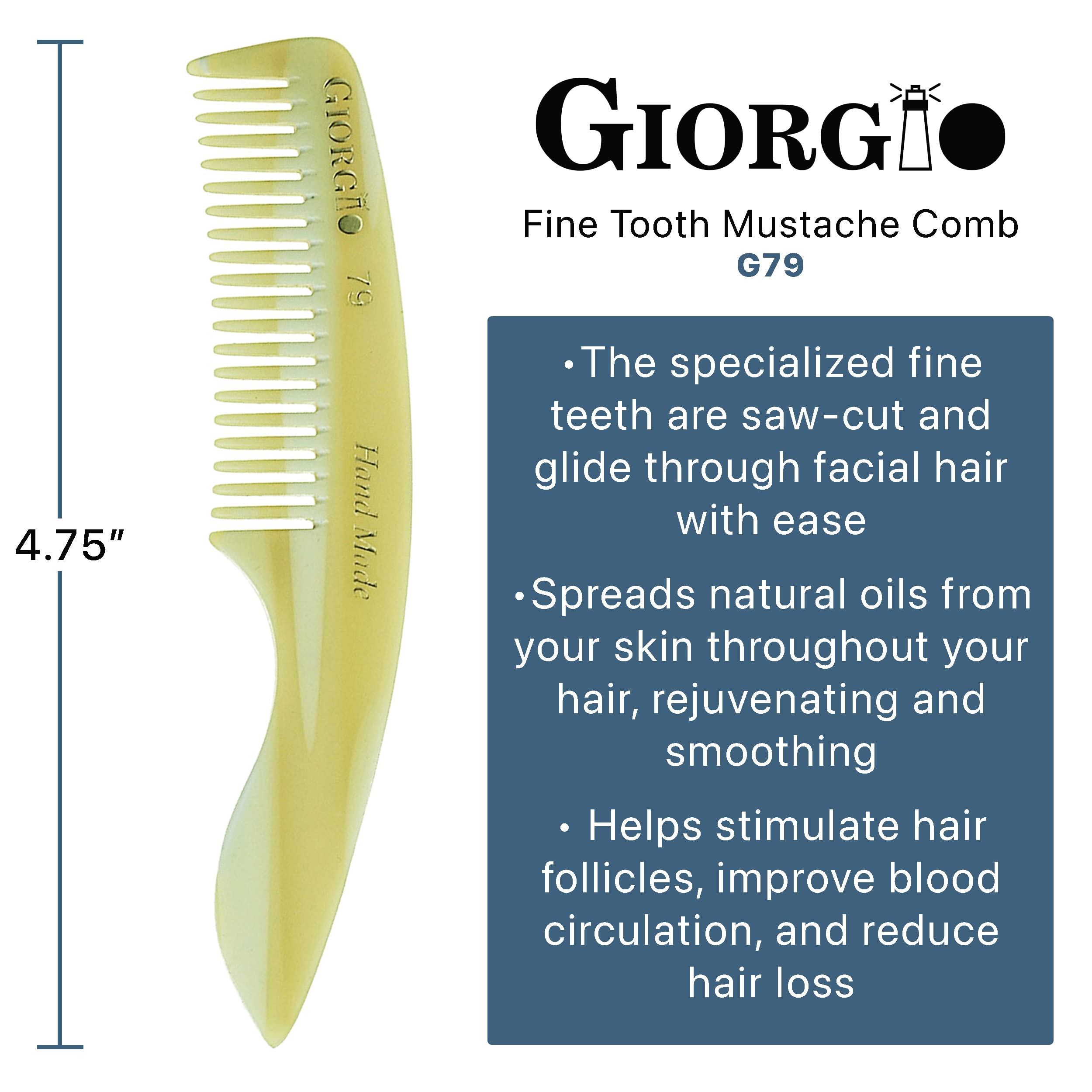 Giorgio G79 Small Men’s Fine Tooth Pocket Beard & Mustache Comb for Facial Hair Grooming, Hand-Made of Cellulose, Saw-Cut, Perfect Man Moustache Comb (4 ¾ in. / 120mm) (2-Pack, Horn)