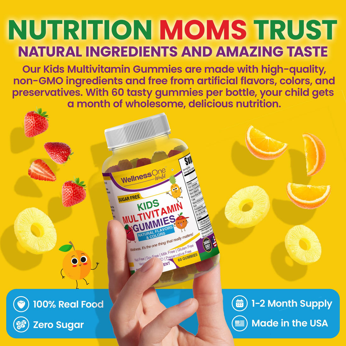 WellnessOne Kids Multivitamin Gummies - Sugar-Free Immune Support Supplement Packed with Vitamin C, B6, B12, Folic Acid & More - Natural Strawberry, Pineapple & Orange Flavors - 60 Gummy Vitamins