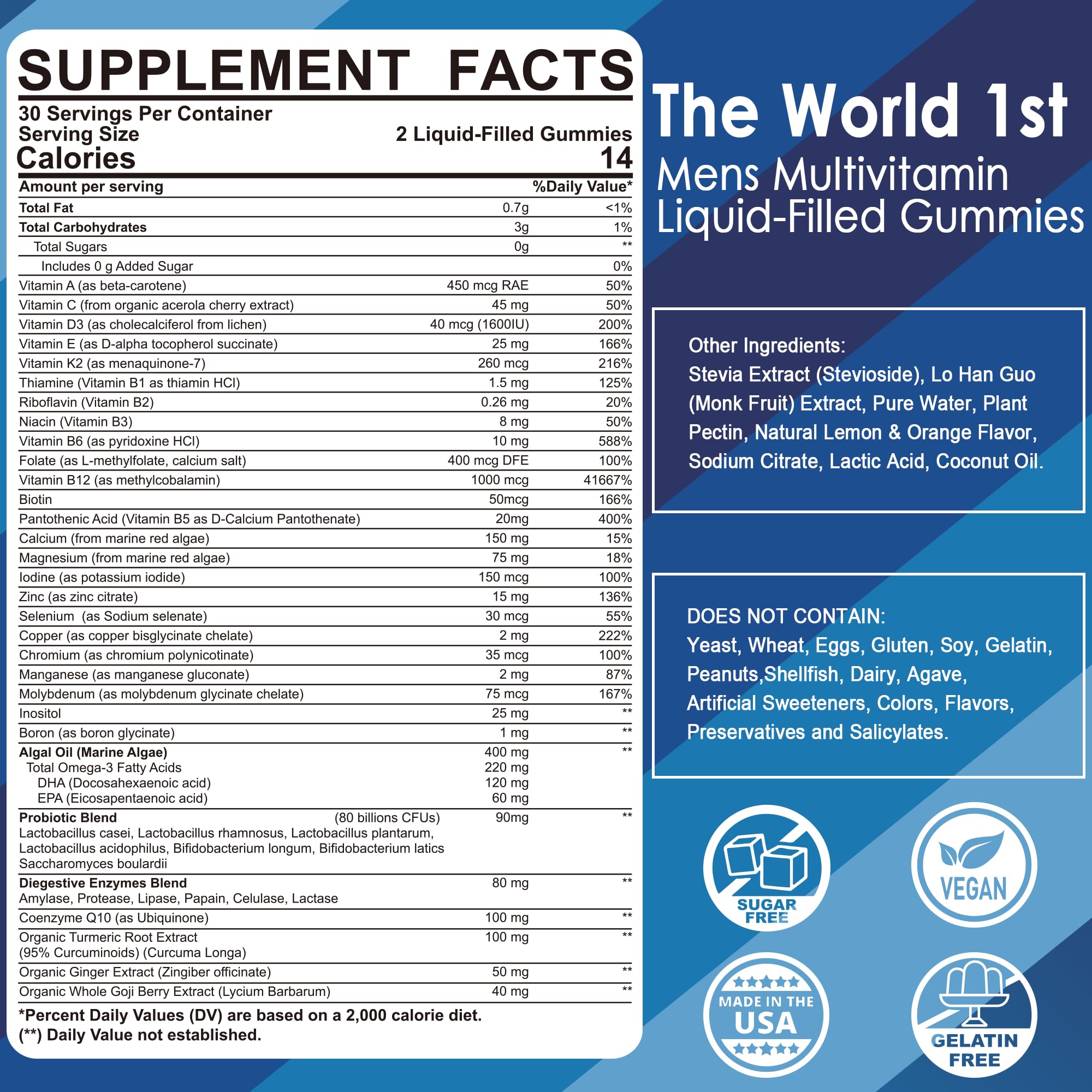 (2 Pack) Multivitamin for Men, Daily Mens Multivitamins & Multiminerals Gummies, Mens Vitamins A C D E B6 B12, Methylfolate, Omega 3, Probiotics, Enzymes for Energy, Immunity, Sugar Free, (No Iron)