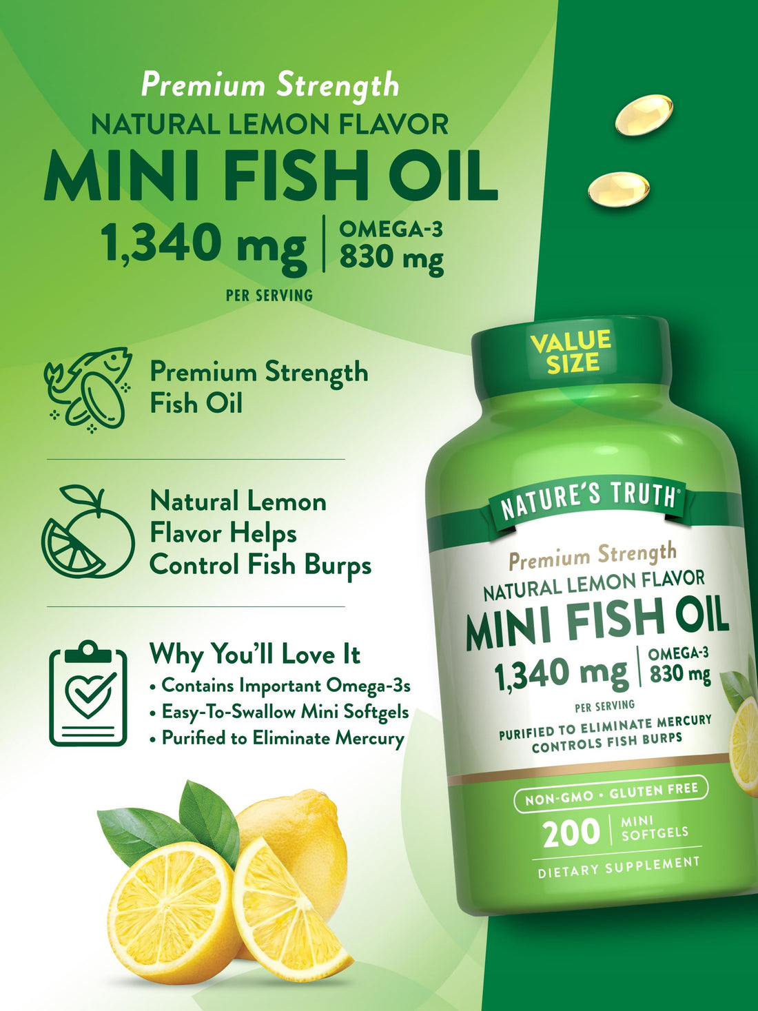Nature's Truth Fish Oil Omega 3 | 1340 mg | 200 Mini Softgels | Burpless Lemon Flavor Pills | Non-GMO & Gluten Free Supplement