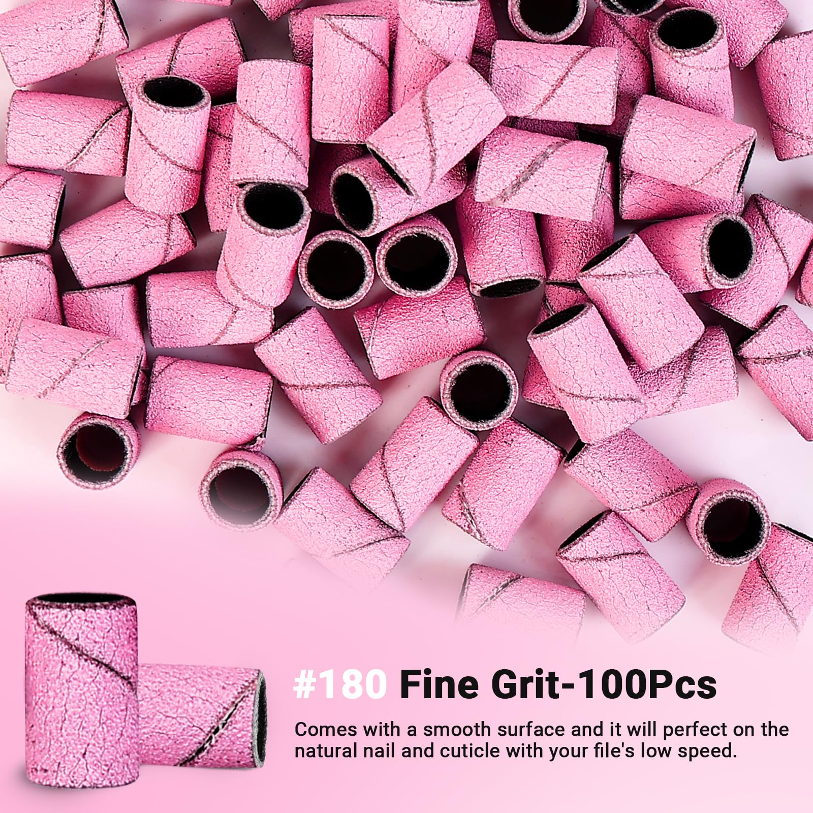 MelodySusie 100 Pcs Nail Drill Bits Sanding Bands for Nail Drill 180 Fine Grit Nail File Sanding Bands for Acrylic Nails Gel Manicures and Pedicure,Light Pink