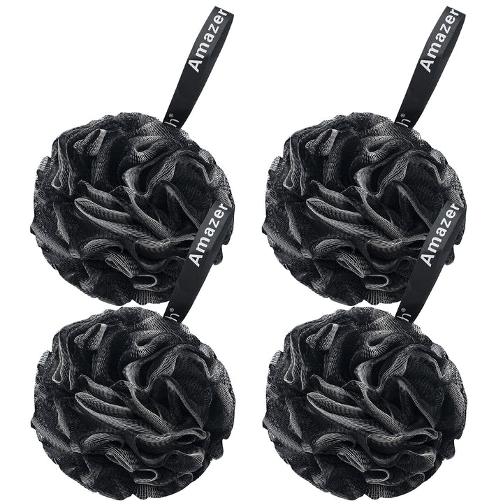 AmazerBath Shower Bath Sponge Shower Loofahs Balls 60g/PCS for Body Wash Bathroom Men and Women- Set of 4, Black