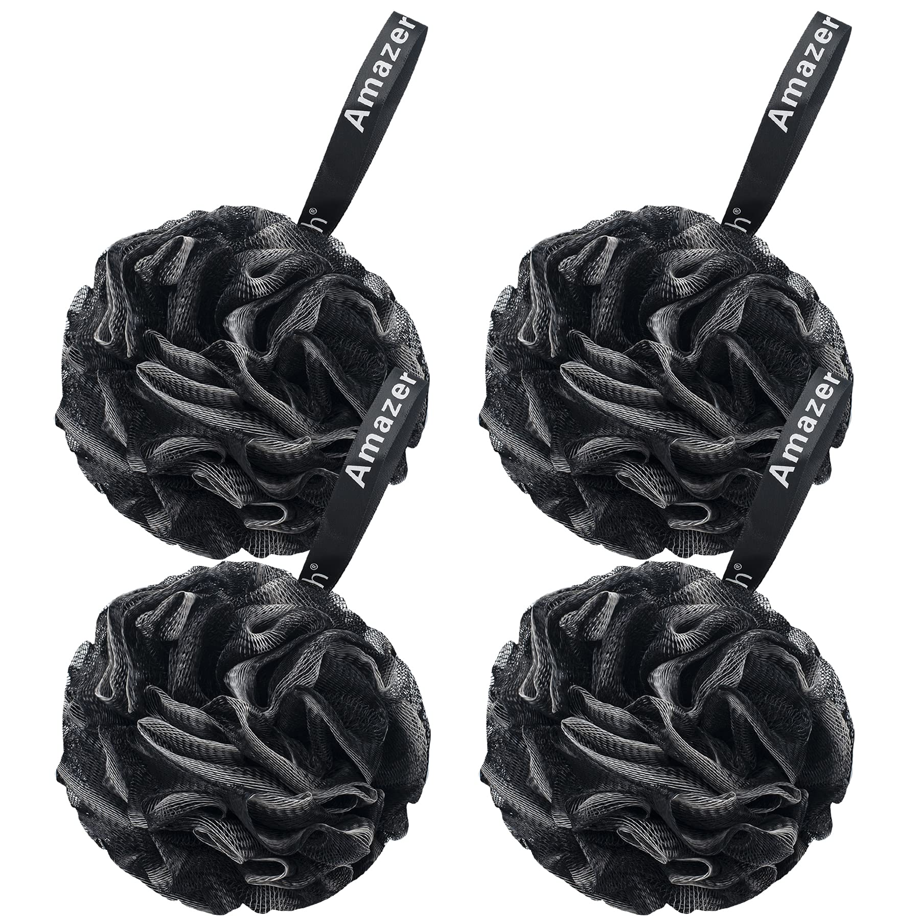 AmazerBath Shower Bath Sponge Shower Loofahs Balls 75g/PCS for Body Wash Bathroom Men Women- Set of 4 Black-White Pack