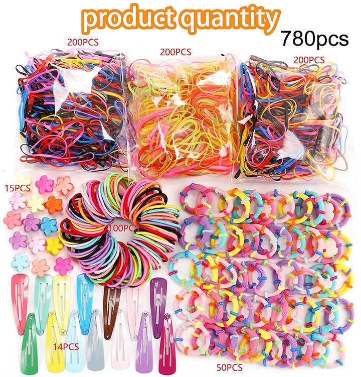 Funern 780 PCS Girls Hair Accessories Set, Elastic Hairbands Small Hair Ties, Slip Metal Snap Hair Clips Barrettes for Kids Teens Women, Pink, 7.5*5*1.5 IN