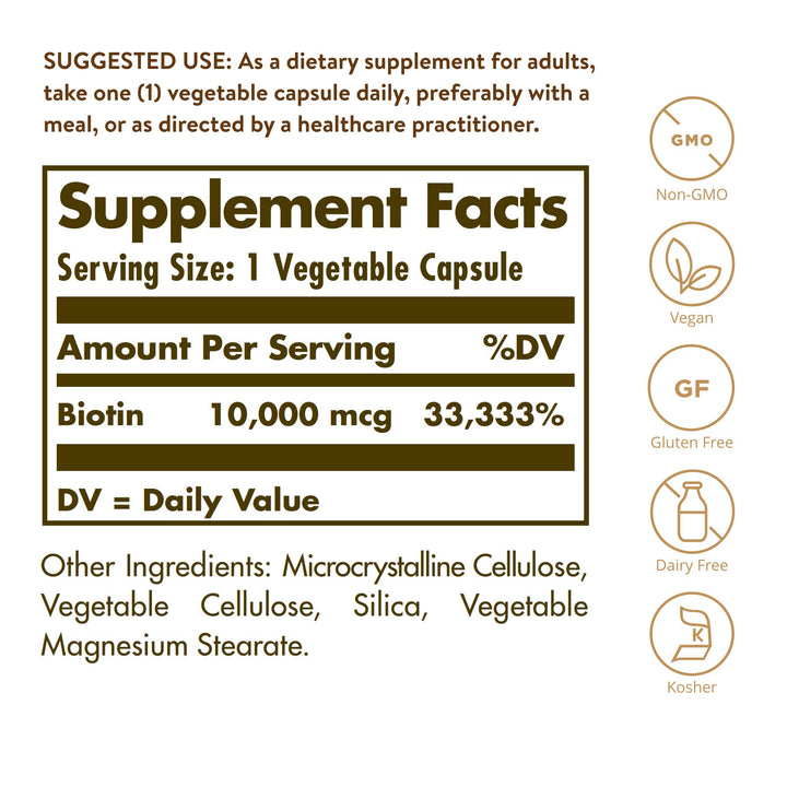 Solgar Biotin 10,000 mcg, 120 Vegetable Capsules - Energy, Metabolism, Promotes Healthy Skin, Nails & Hair - Super High Potency - Non-GMO, Vegan, Gluten, Dairy Free, Kosher - 120 Servings