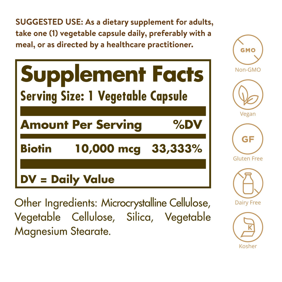 Solgar Biotin 10,000 mcg, 60 Vegetable Capsules - Energy, Metabolism, Promotes Healthy Skin, Nails & Hair - Super High Potency - Non-GMO, Vegan, Gluten Free, Dairy Free, Kosher - 60 Servings