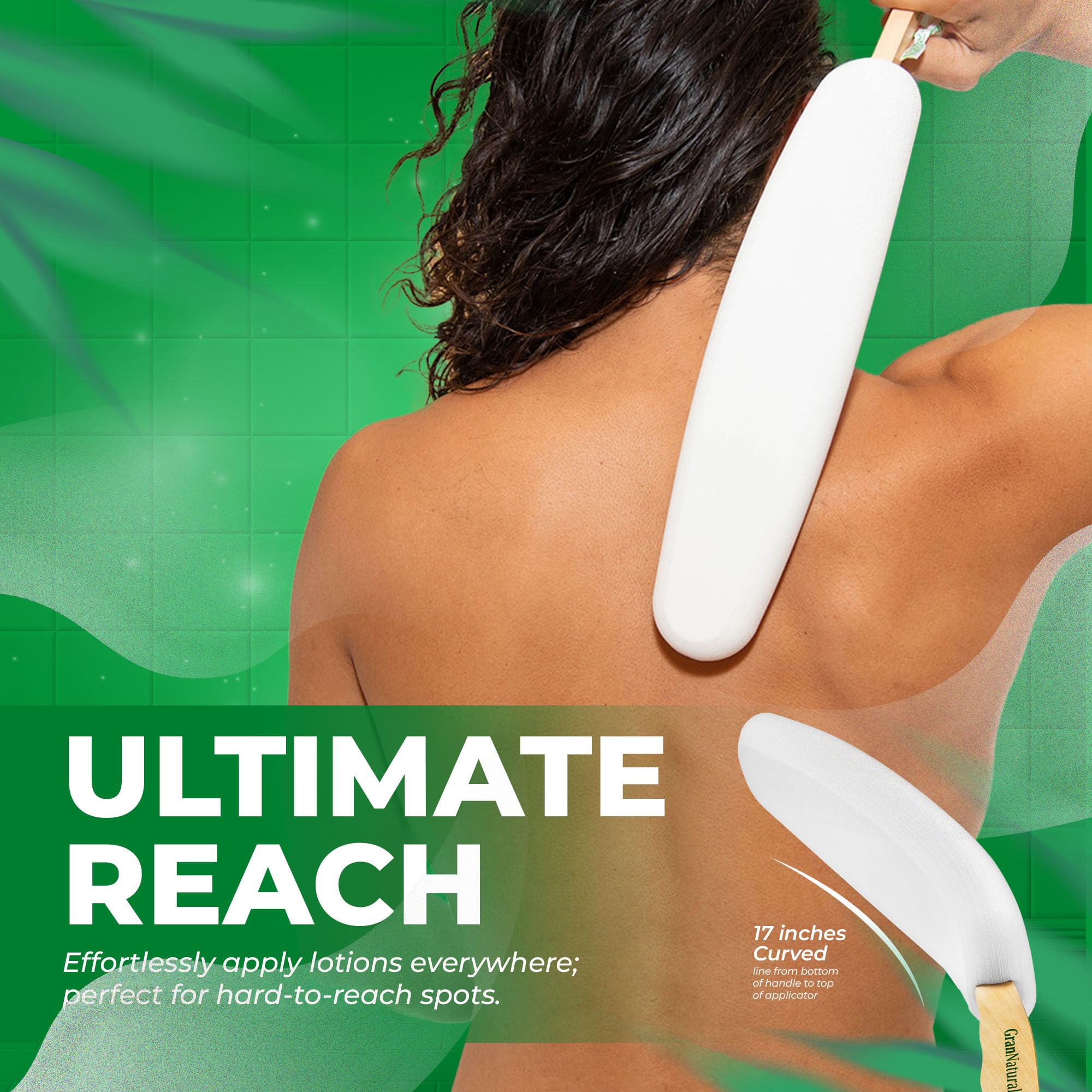 GranNaturals Lotion Applicator for your Back, Feet, and Legs - Sunscreen Applicator - Long Curved Easy Reach Body Brush for Suntan, Sunless Self-Tanning, Skin Cream, Acne, Body Wash - Elderly Aid