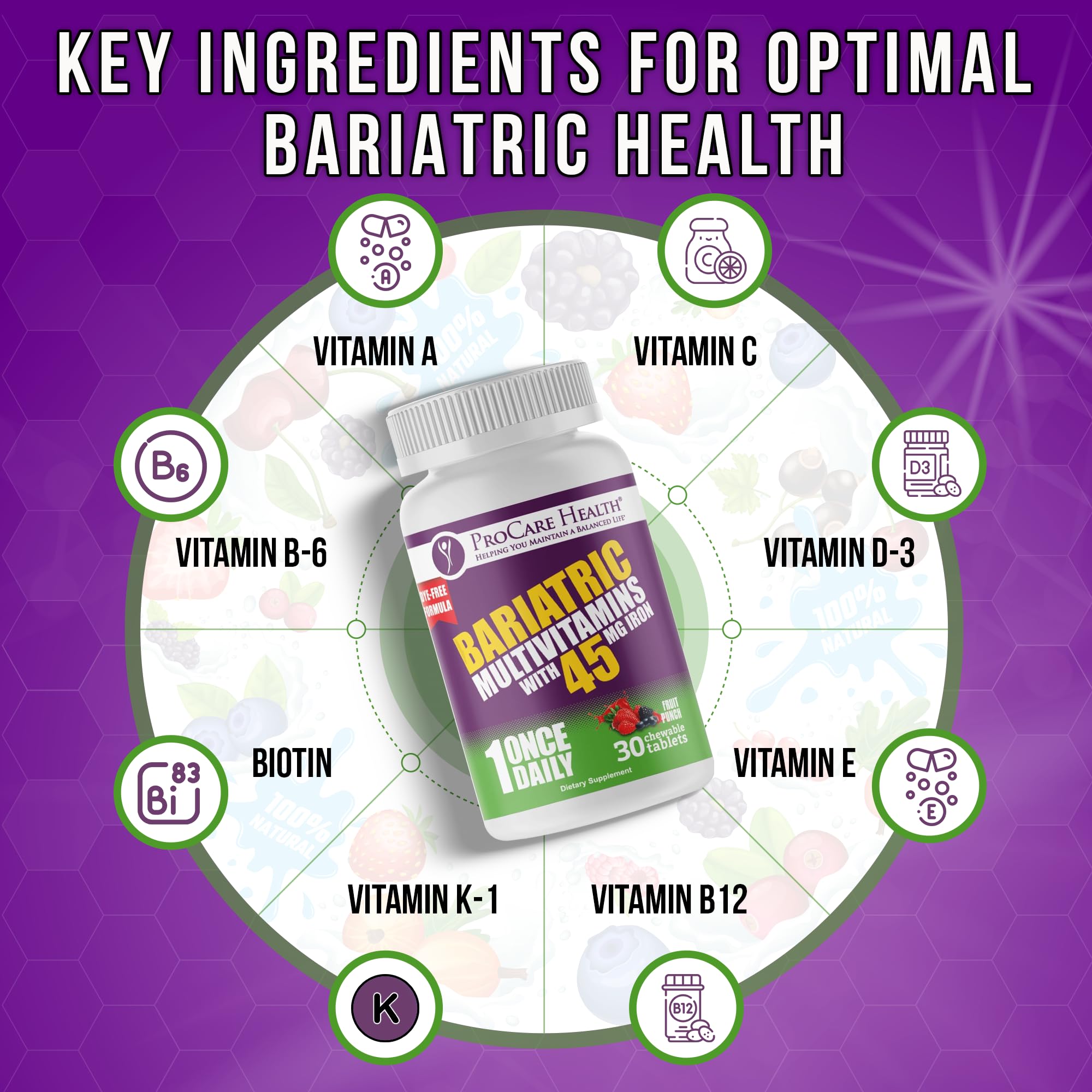 Procare Health Bariatric Multivitamin with Iron 45mg Chewable (30 Tablets) - Fruit Punch Flavor Bariatric Multivitamin Chewable Pills for Gastric Bypass & Sleeve Gastrectomy Patients (01 Month Supply)