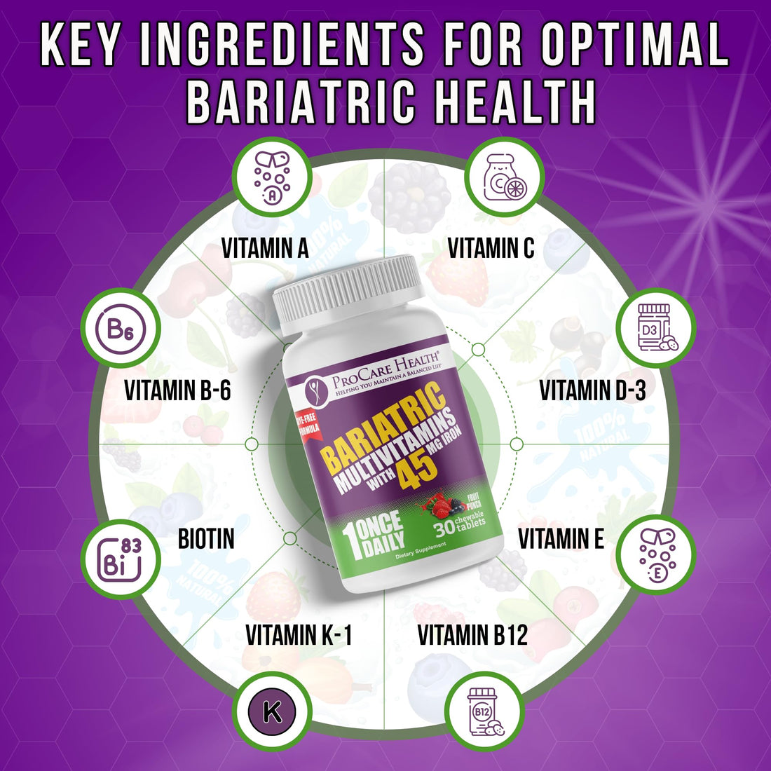 Procare Health Bariatric Multivitamin with Iron 45mg Chewable (30 Tablets) - Fruit Punch Flavor Bariatric Multivitamin Chewable Pills for Gastric Bypass & Sleeve Gastrectomy Patients (01 Month Supply)