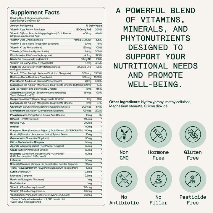 Adapt Naturals Multivitamin for Women & Men, Bioavailable Easy-to-Absorb Multivitamin Daily Supplement with Biotin, Niacin, Vitamin A, B, C, D, E, K1, Zinc, Magnesium | Immune Support - 30 Days Supply