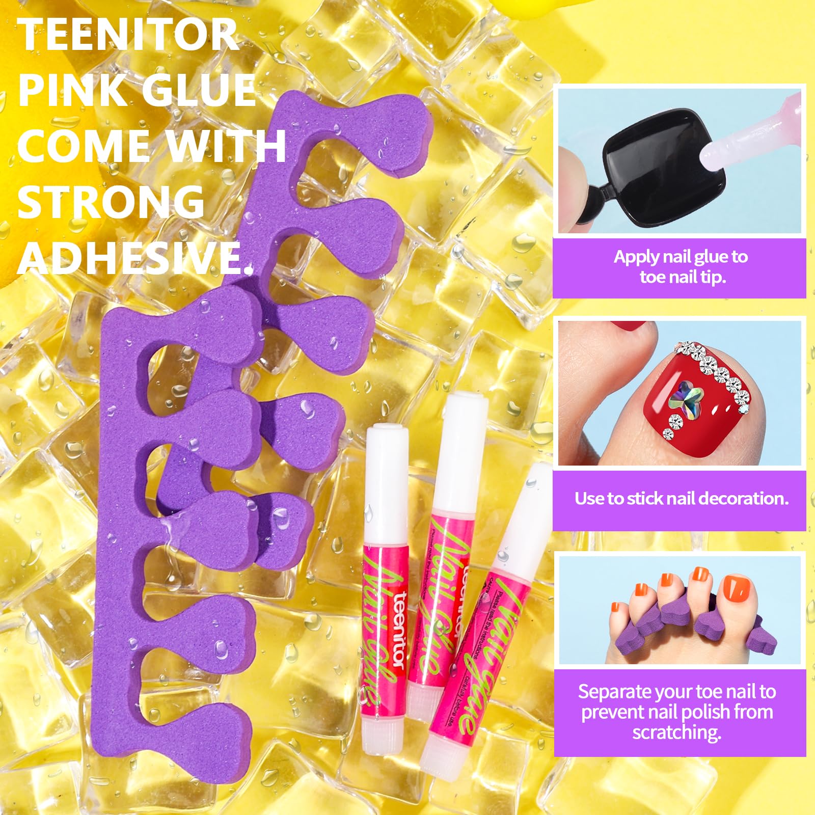 Teenitor Toe Nail Press ons with Glue Set, 120pcs Black Press on Toenails for Women Toe Press on Nails, Fake Toe Nails Tips Kit False Toenails Square