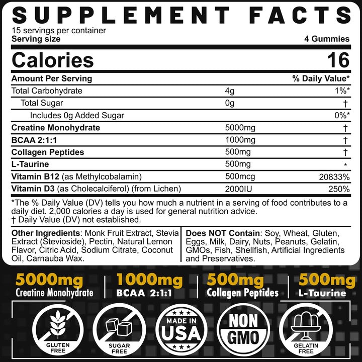 Creatine Monohydrate Gummies for Men & Women - with BCAA, Collagen Peptides, L-Taurine, Vitamin B12, D3, Chewables Creatine Monohydrate 5g Per Serving, Natural Lemon Flavor, Sugar Free, 2 Pack