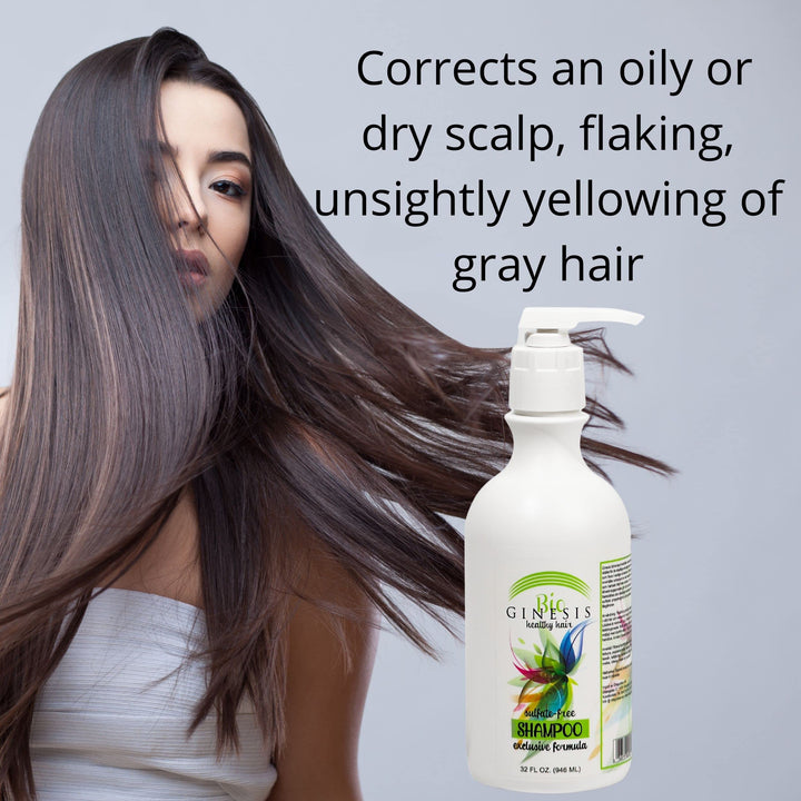 Ginesis Bio Healthy Hair Sulfate Free Shampoo. Stop dry scalp itching flaking unsightly yellowing of gray hair and other hair and scalp problems caused by chemicals. Everyone can benefit from Ginesis Chemical-Free Shampoo including children transplan