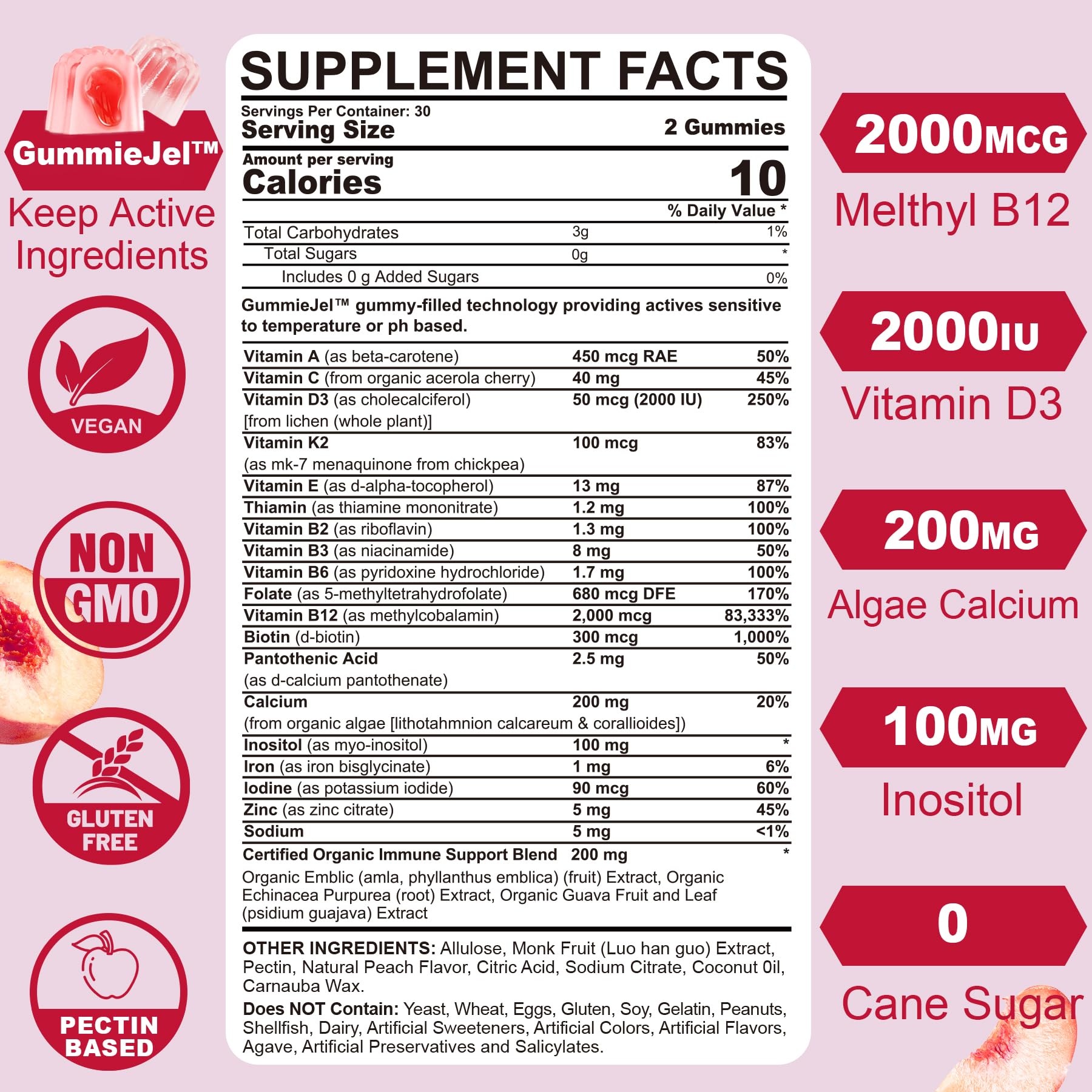 Sugar-Free Methylated Multivitamin for Women Gummies w/Algae Calcium, Vitamin A, C, D3, E, K, B12, Iron, Folate, Biotin, Inositol - Multi Vitamins & Minerals for Skin, Hair, Energy, Immune, Bone Vegan