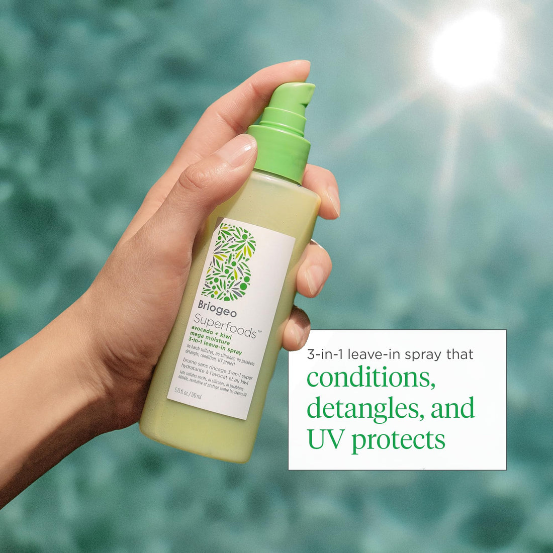 Briogeo Superfoods Avocado + Kiwi Mega Moisture 3-in-1 Leave-In Spray, 3-in-1 Hair Moisturizer for Dry Damaged Hair, Hair Detangler Plus Leave In Conditioner, Vegan, Cruelty-Free, 5.75 fl oz
