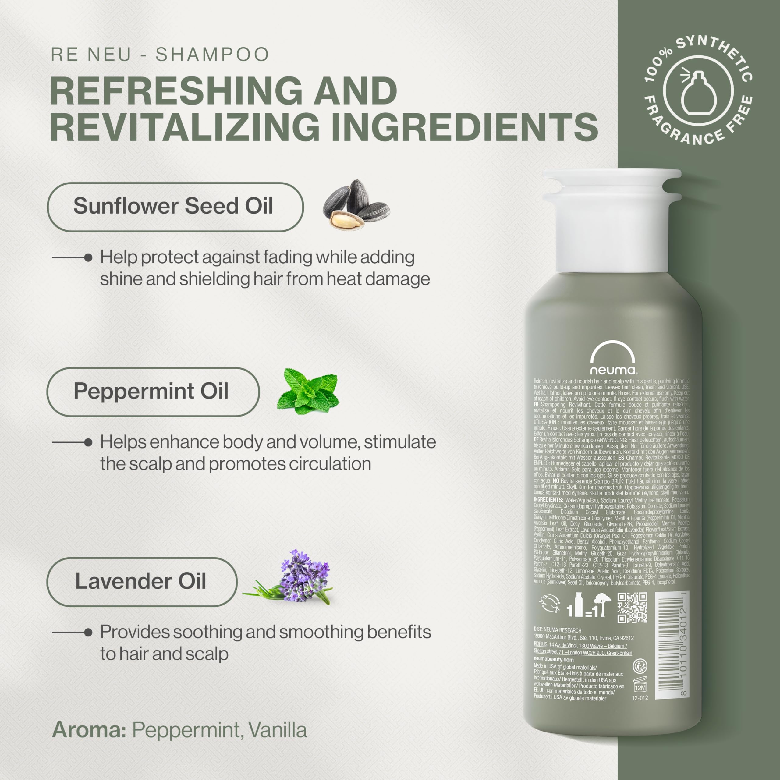 NEUMA Re Neu Shampoo 8.5 Fl. Oz. Revitalizing, Soothing & Gentle Cleansing Sulfate Free Shampoo, Peppermint & Vanilla Scent