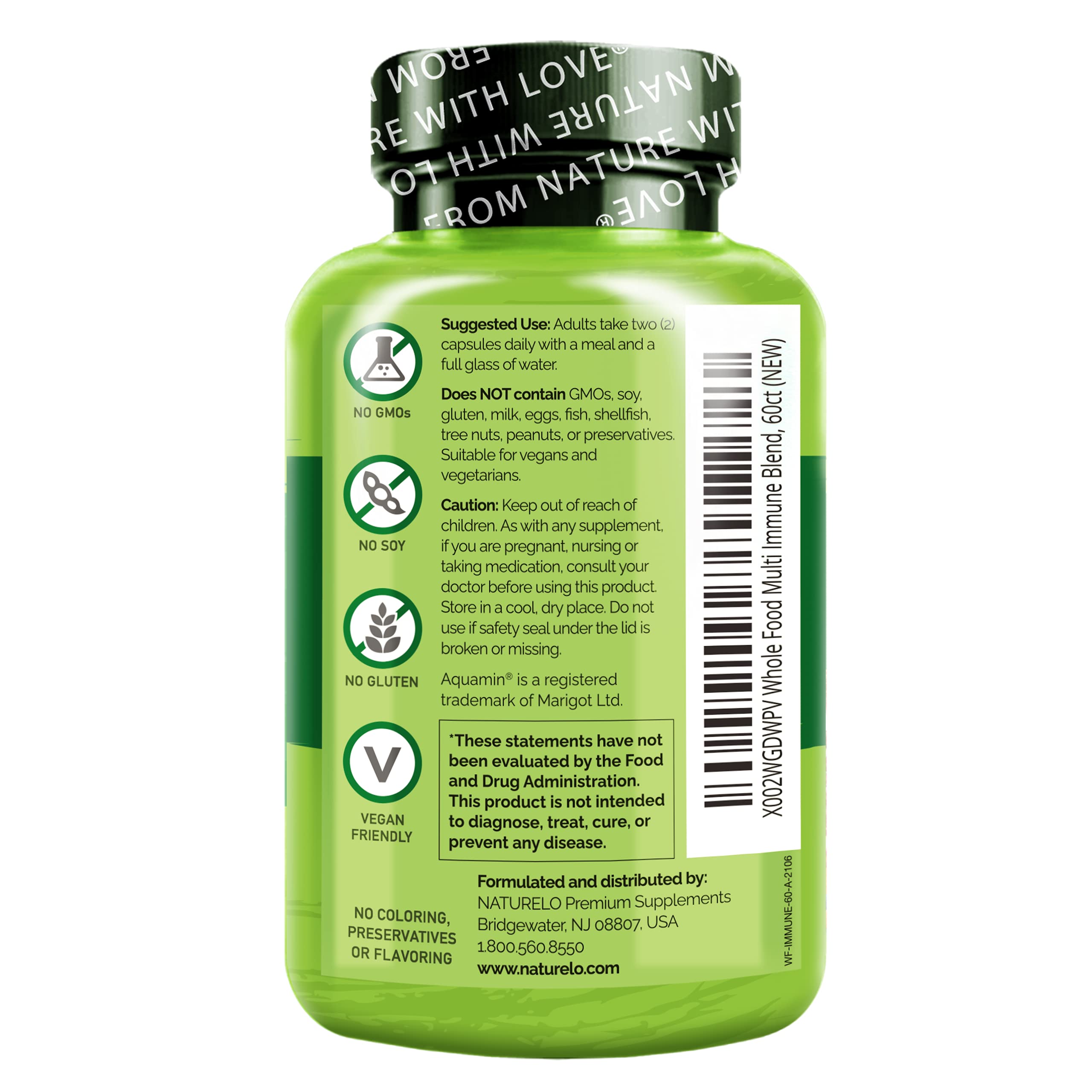 NATURELO Whole Food Multivitamin + Immune Blend with Elderberry & Mushrooms - Complete Multivitamin with Extra Immune Support - C, D3, Zinc, Elderberry, Reishi, Shitake - 60 Vegan Capsules