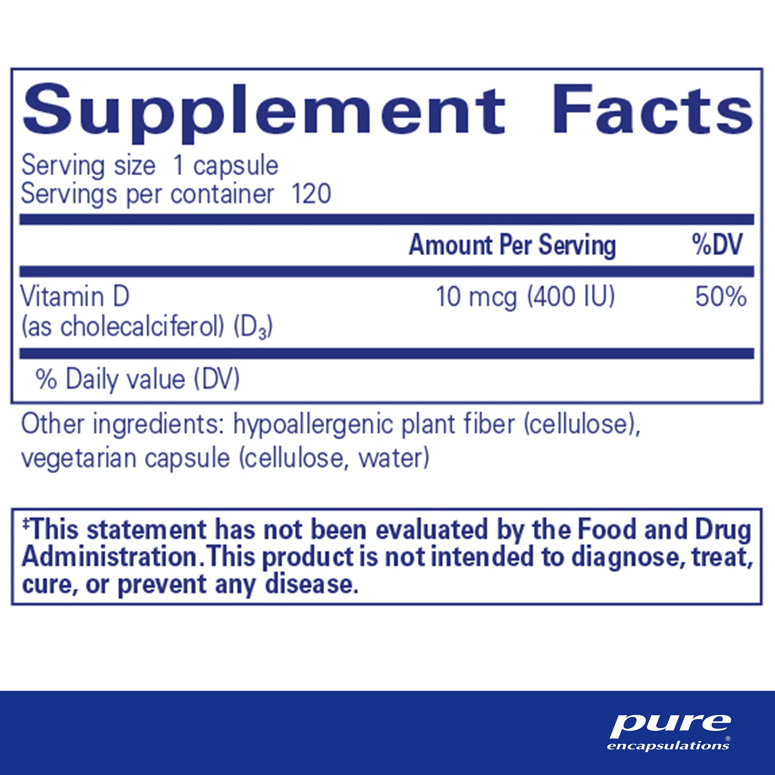 Pure Encapsulations Vitamin D3 10 mcg (400 IU) | Hypoallergenic Support for Bone, Breast, Cardiovascular, Colon and Immune Health | 120 Capsules