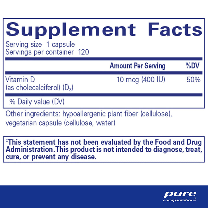 Pure Encapsulations Vitamin D3 10 mcg (400 IU) | Hypoallergenic Support for Bone, Breast, Cardiovascular, Colon and Immune Health | 120 Capsules