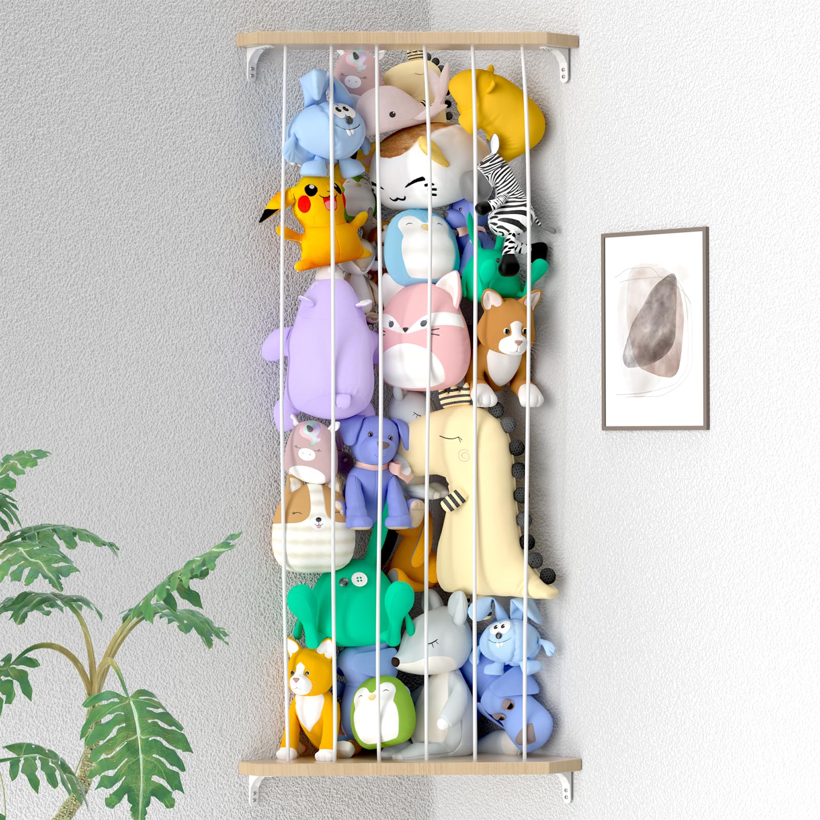 Zayysoha Stuffed Animal Storage Wood Corner Toy Plush Storage Hammock Hanging Storage Net, Toy Organizer Shelf for Nursery Playroom Bedroom Kid Room