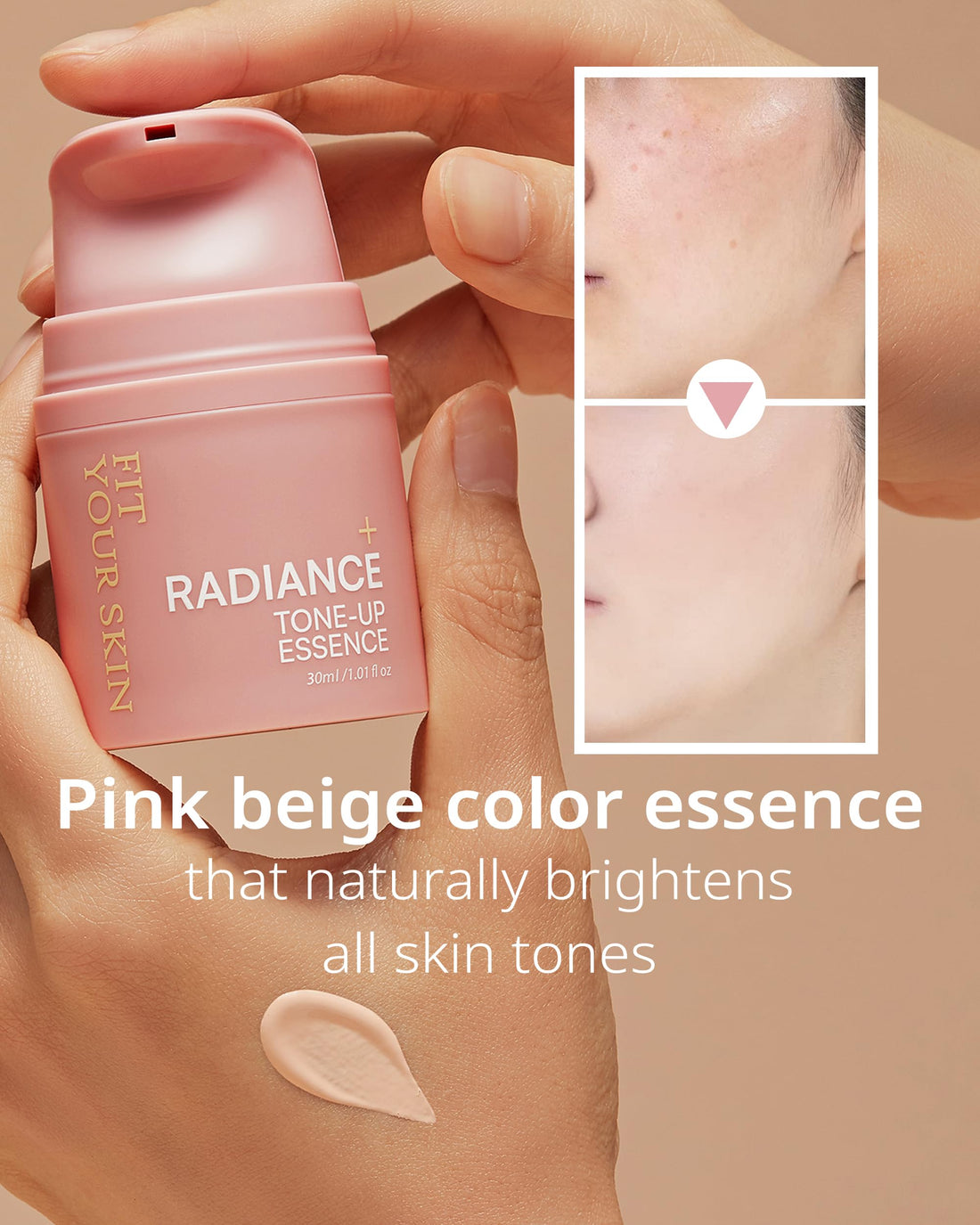 FIT YOUR SKIN Radiance Tone-Up Essence - Korean Tinted Moisturizer - Even Skin Tone, Natural Coverage, Lightweight - Pink Beige Makeup Base - Healthy Glow Skin, 1.01 fl.oz.