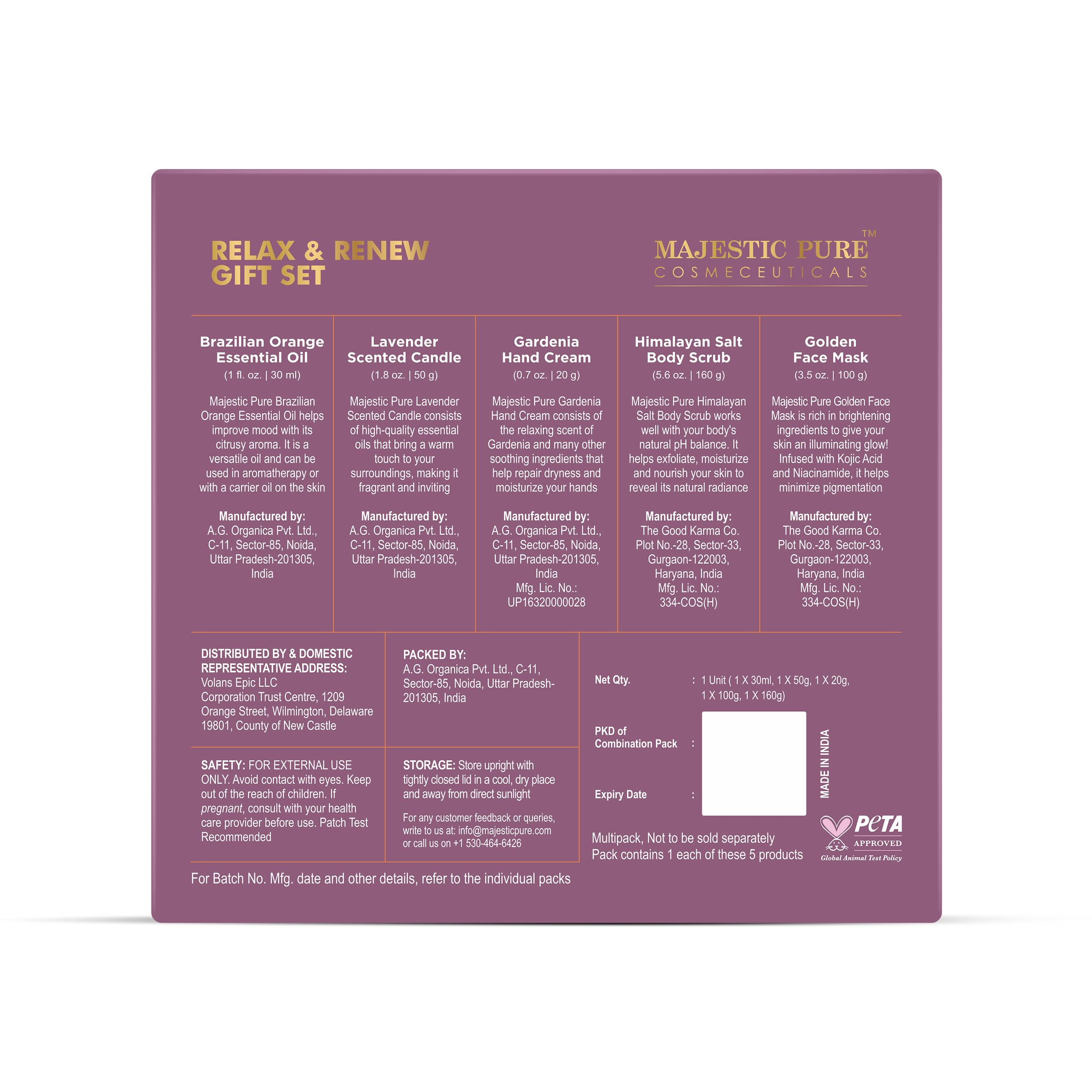 Majestic Pure Gift Set set of 5- (Brazilian Orange oil 1oz, Scented Candle - 50g, Gardenia Hand Cream - 20g, Himalayan Salt Body Scrub - 160g, Gold Face Mask - 100g)