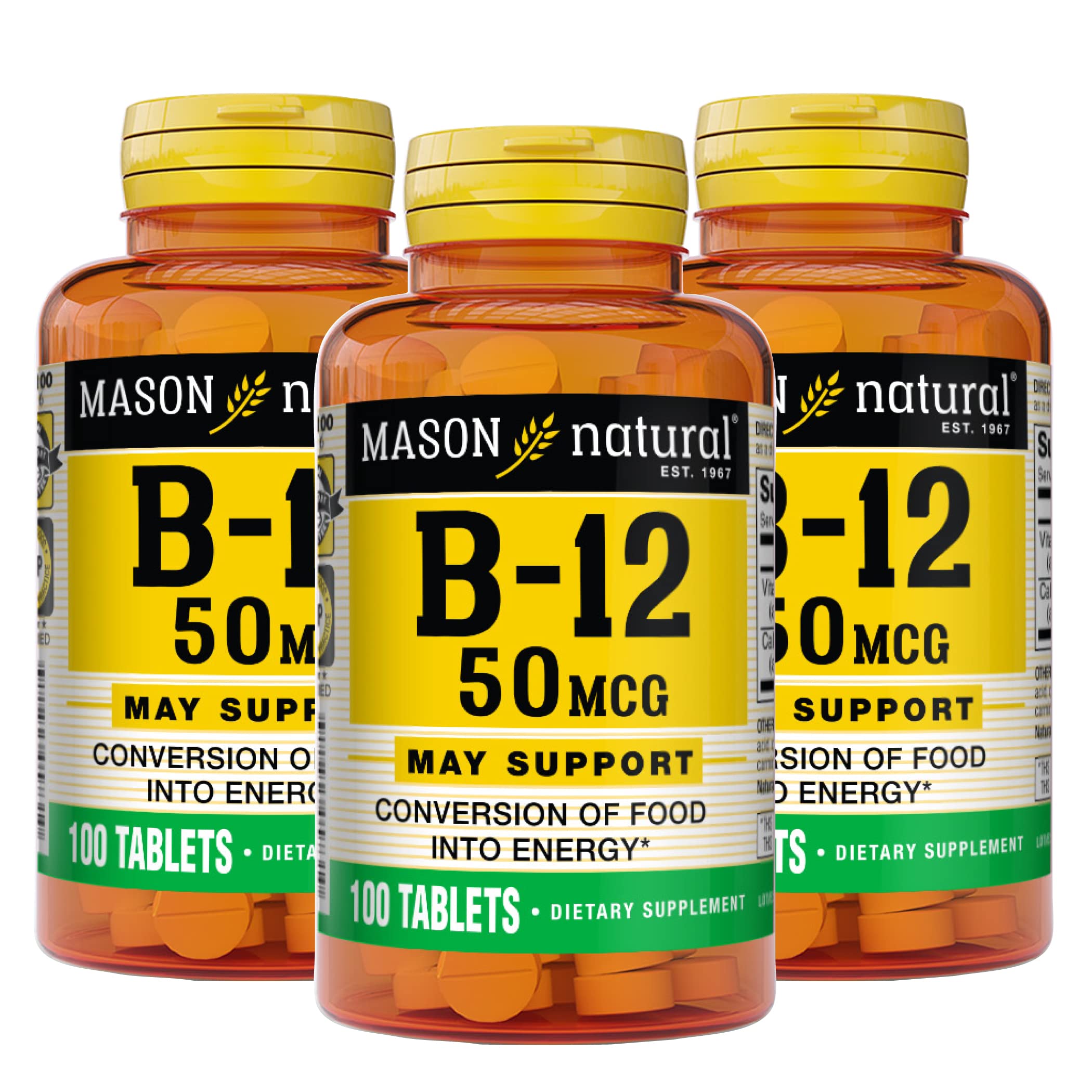 MASON NATURAL Vitamin B12 50 mcg with Calcium, 300-Day Supply, Dietary Supplement to Support Natural Energy Levels, 100 Tablets (Pack of 3)
