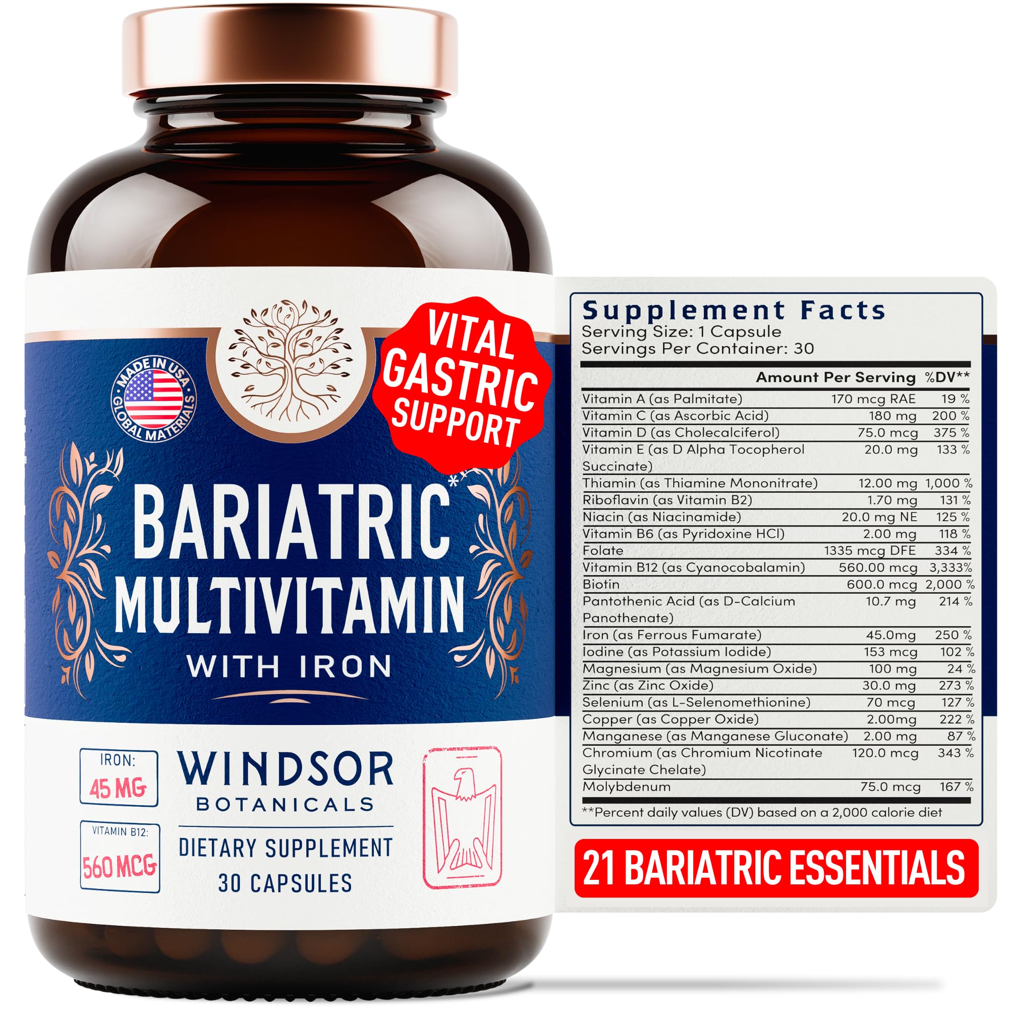 Bariatric Multivitamin with Iron - 45mg Iron Easy to Swallow, One a Day Bariatric Vitamins for Women and Men - Gastric Bypass, Gastric Sleeve Recovery Vitamin Multivitamins - 30 Caps