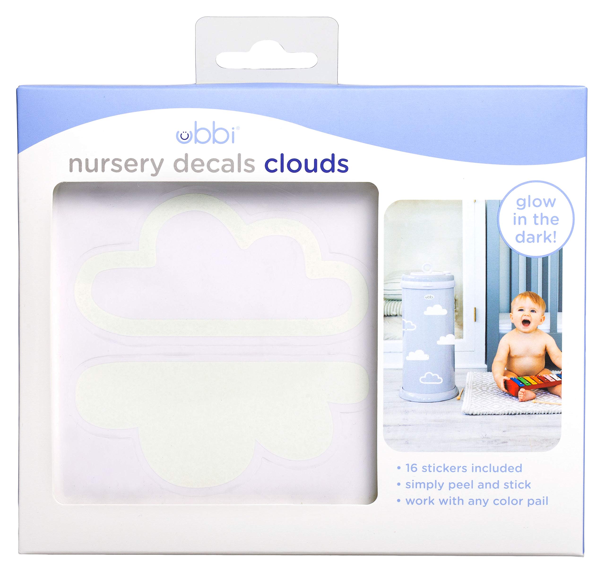 Ubbi Glow-in-The-Dark Cloud Peel and Stick Decal Stickers, Decorative Sticker for Diaper Pail or Baby Nursery