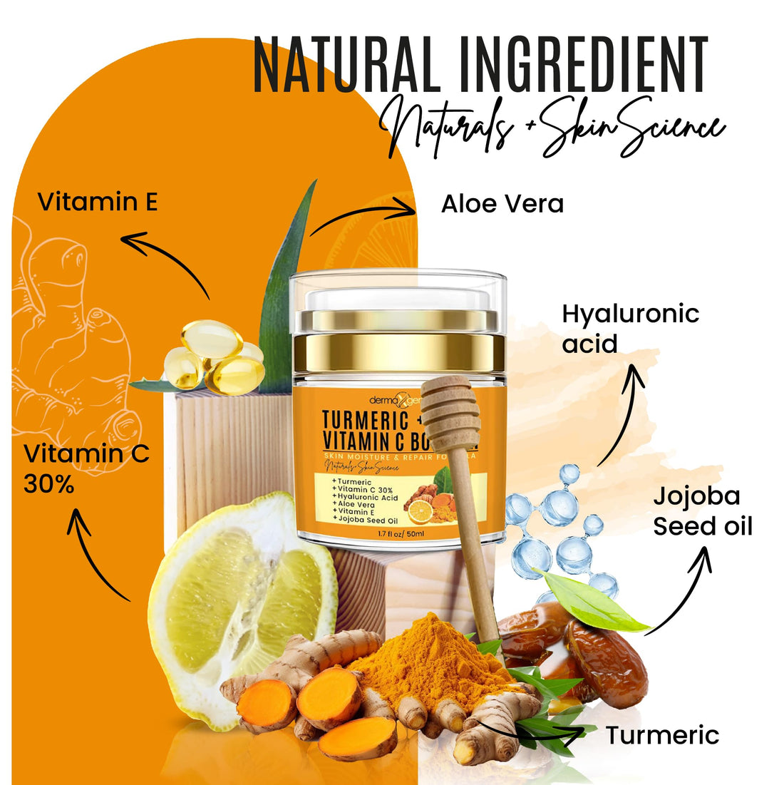 DERMAXGEN Turmeric + 30% Vitamin C Face Glow Booster Moisturizer & Skin Repairing Cream - with Hyaluronic Acid, Organic Ingredients – Hydrating Face Moisturizer for Dry, Normal, Oily Skin – Anti-Aging